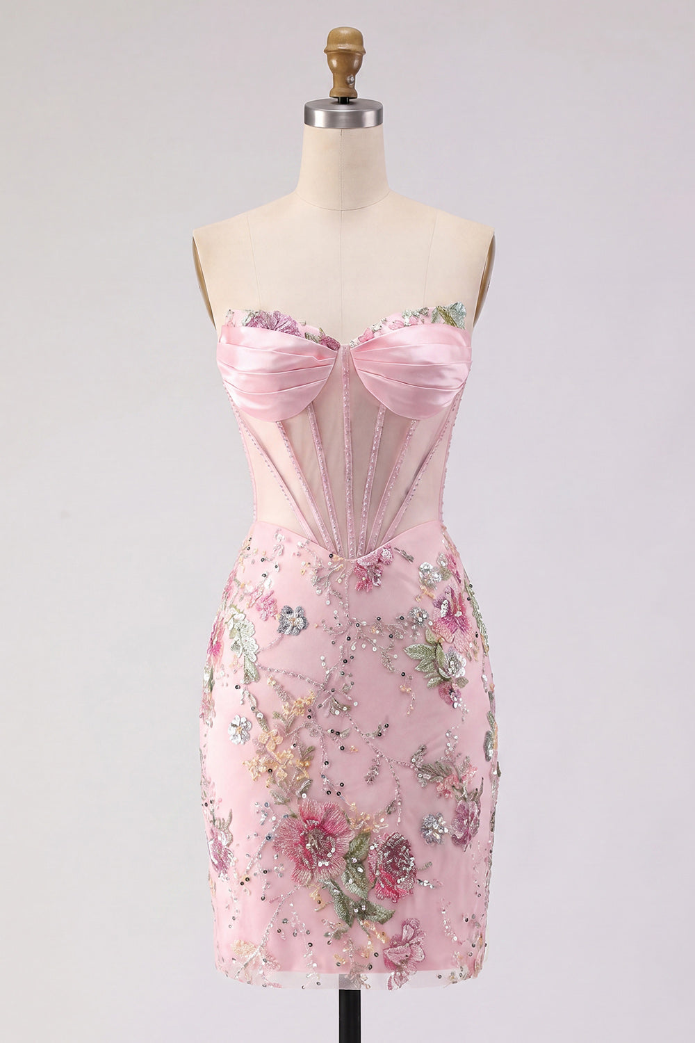 Pink Strapless Sequins Floral Corset Tight Sparkly Short Homecoming Dress
