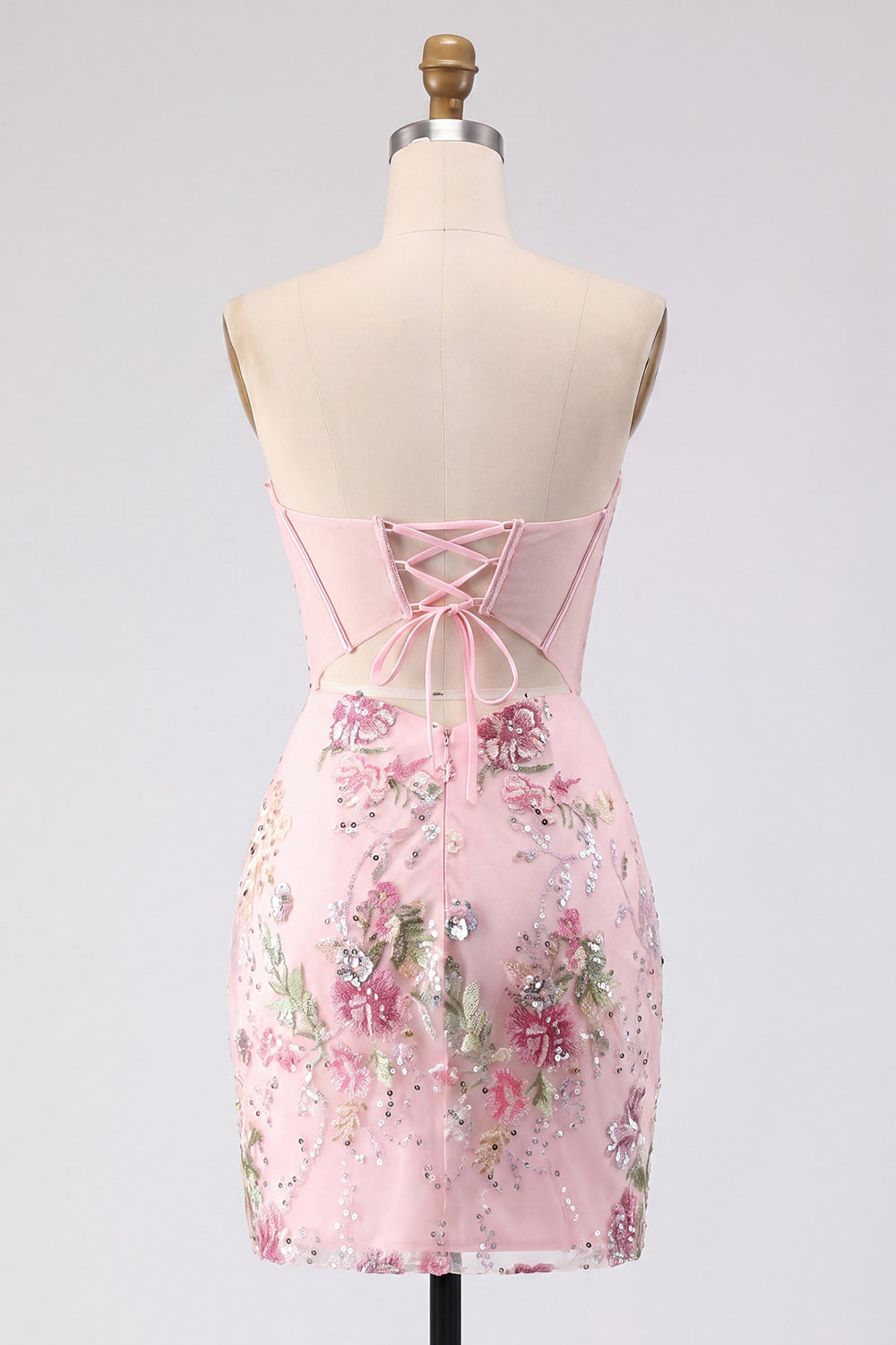 Pink Strapless Sequins Floral Corset Tight Sparkly Short Homecoming Dress