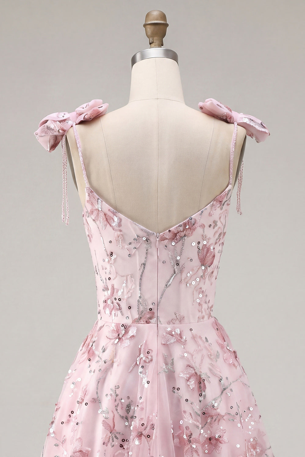 Pink A Line Sparkly Sequins Floral Short Homecoming Dress with Bows