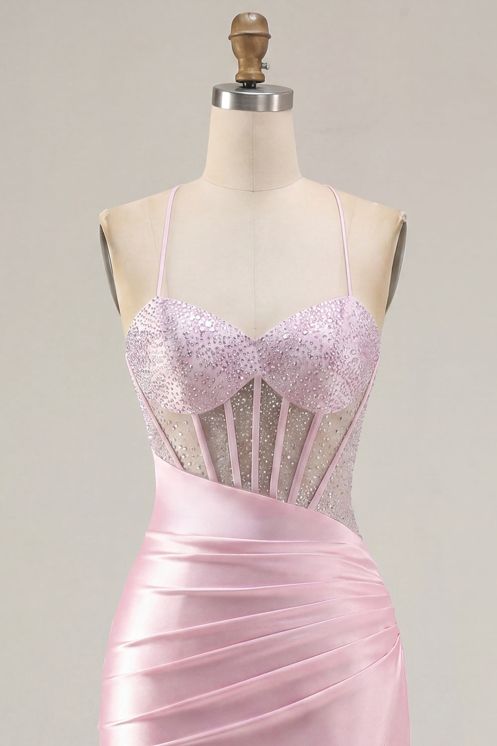 Sparkly Pink Ruched Corset Beaded Bodycon Short Homecoming Dress with Slit