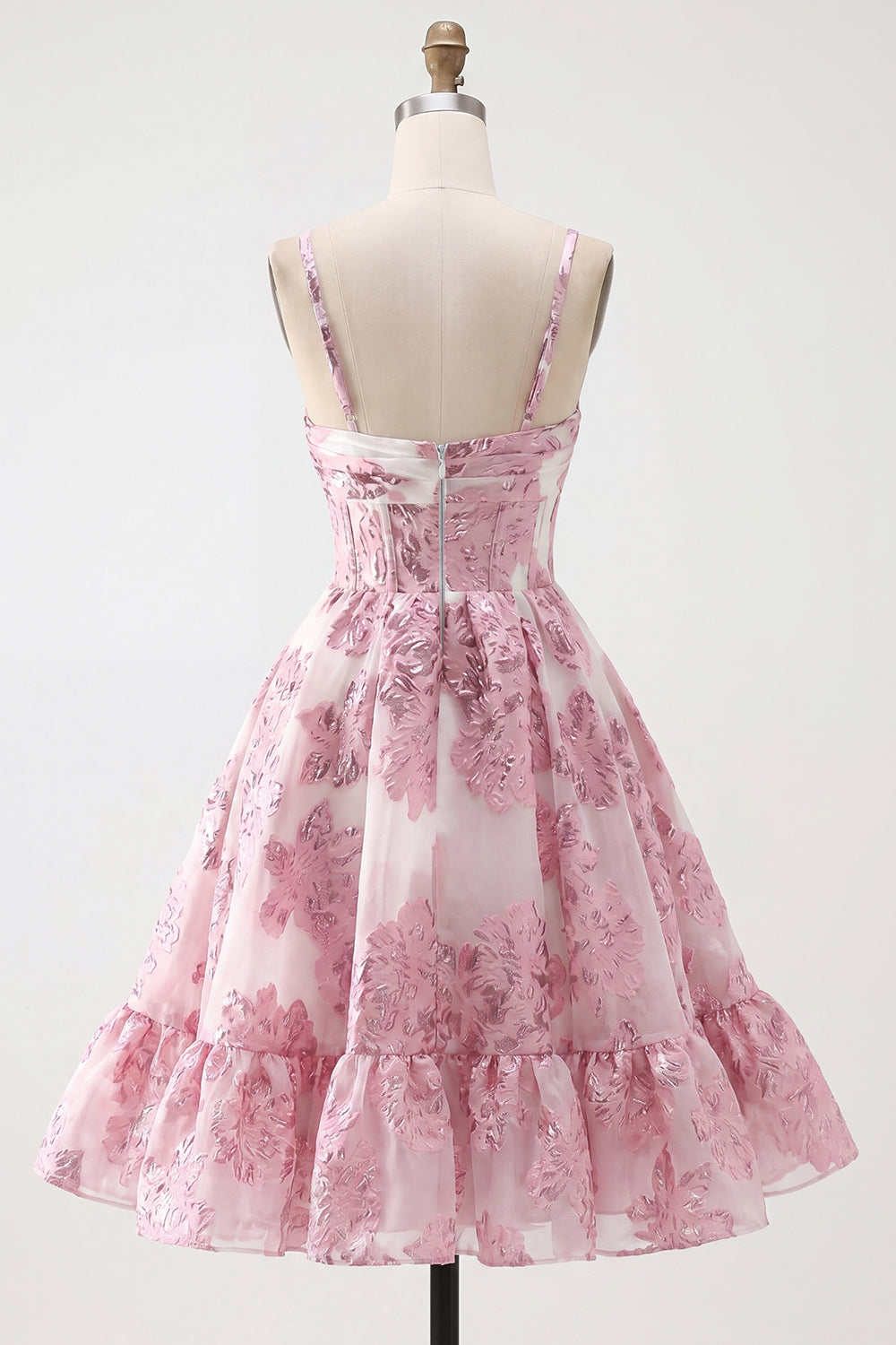 Sparkly Pink Corset Ruffled Floral Short Homecoming Dress with Keyhole