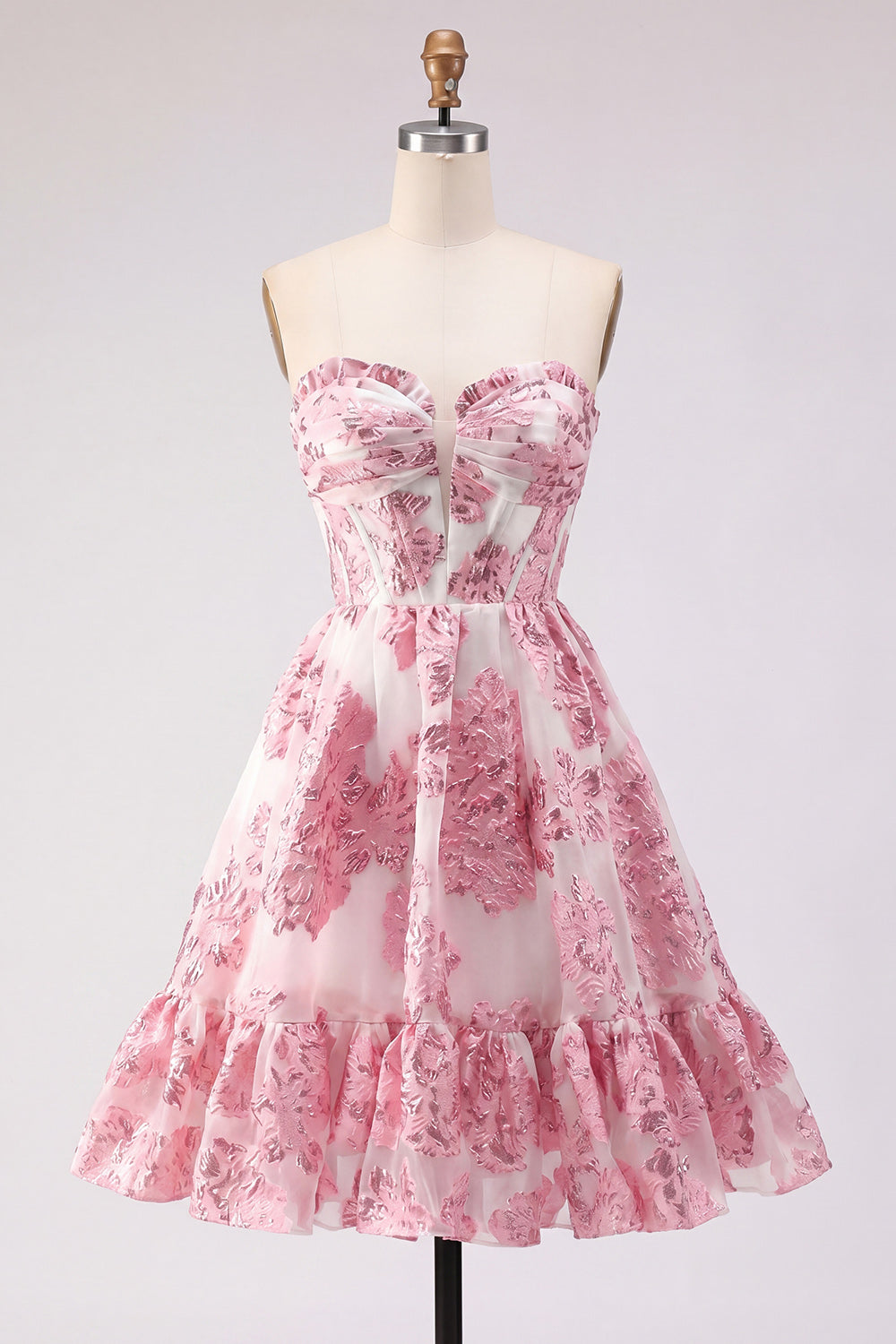 Pink Floral Sweetheart Corset Ruffled Jacquard Short Homecoming Dress