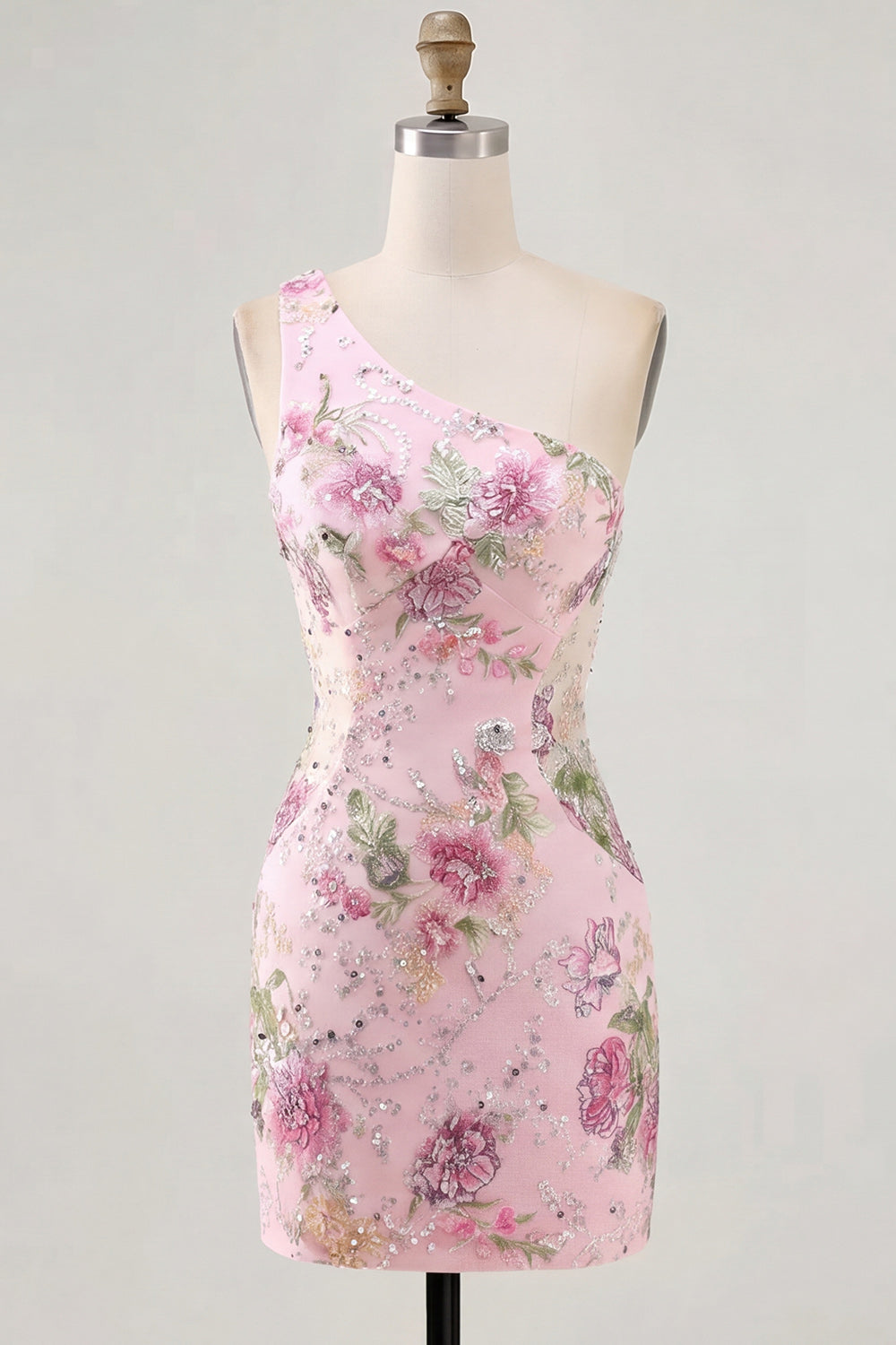 Pink One Shoulder Sparkly Floral Tight Short Homecoming Dress