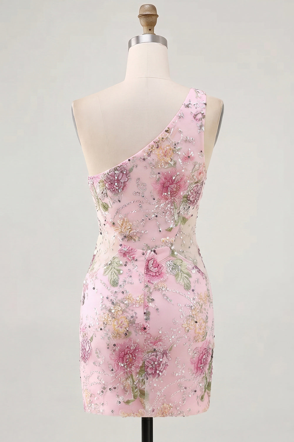 Pink One Shoulder Sparkly Floral Tight Short Homecoming Dress