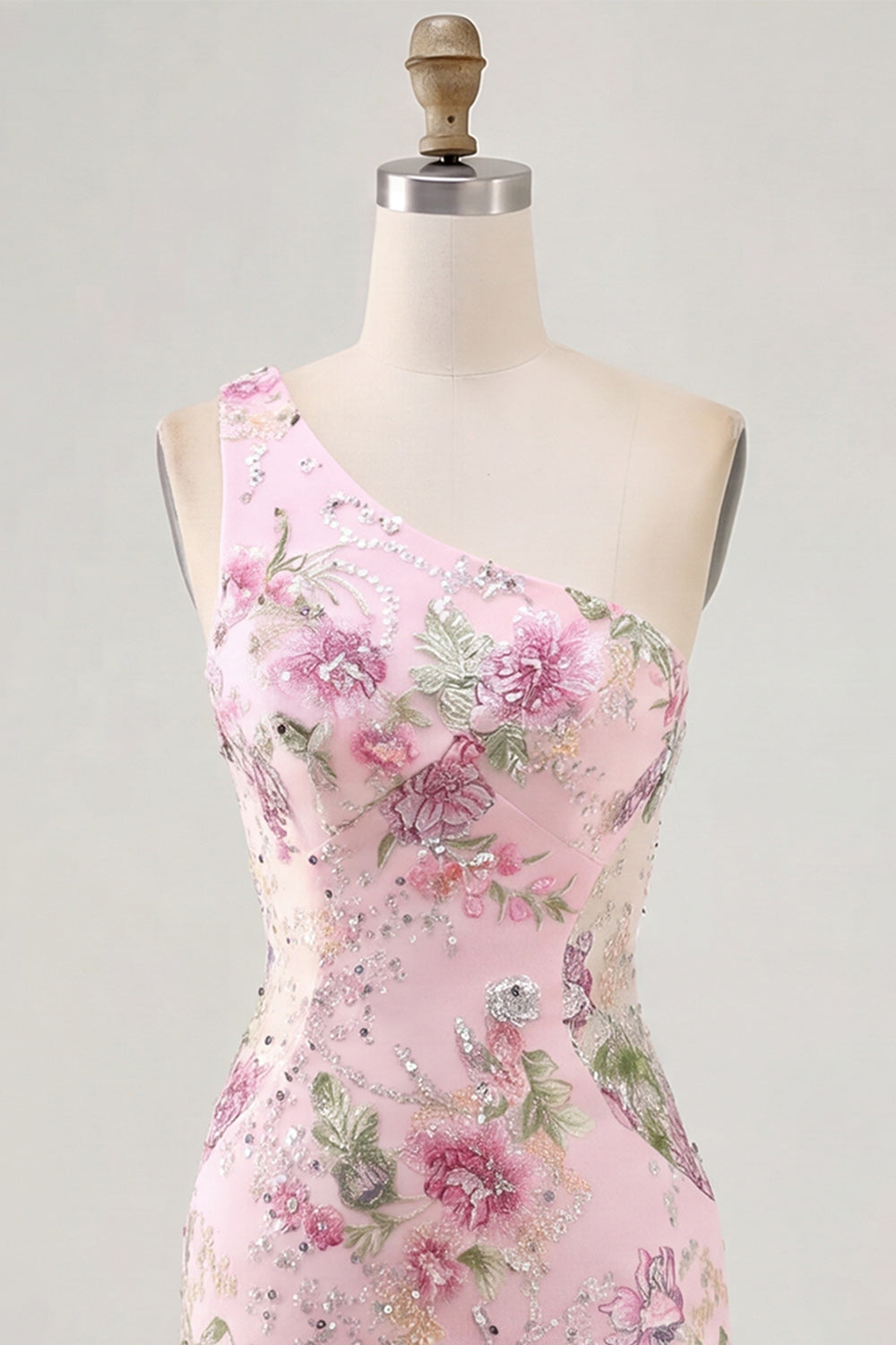Pink One Shoulder Sparkly Floral Tight Short Homecoming Dress