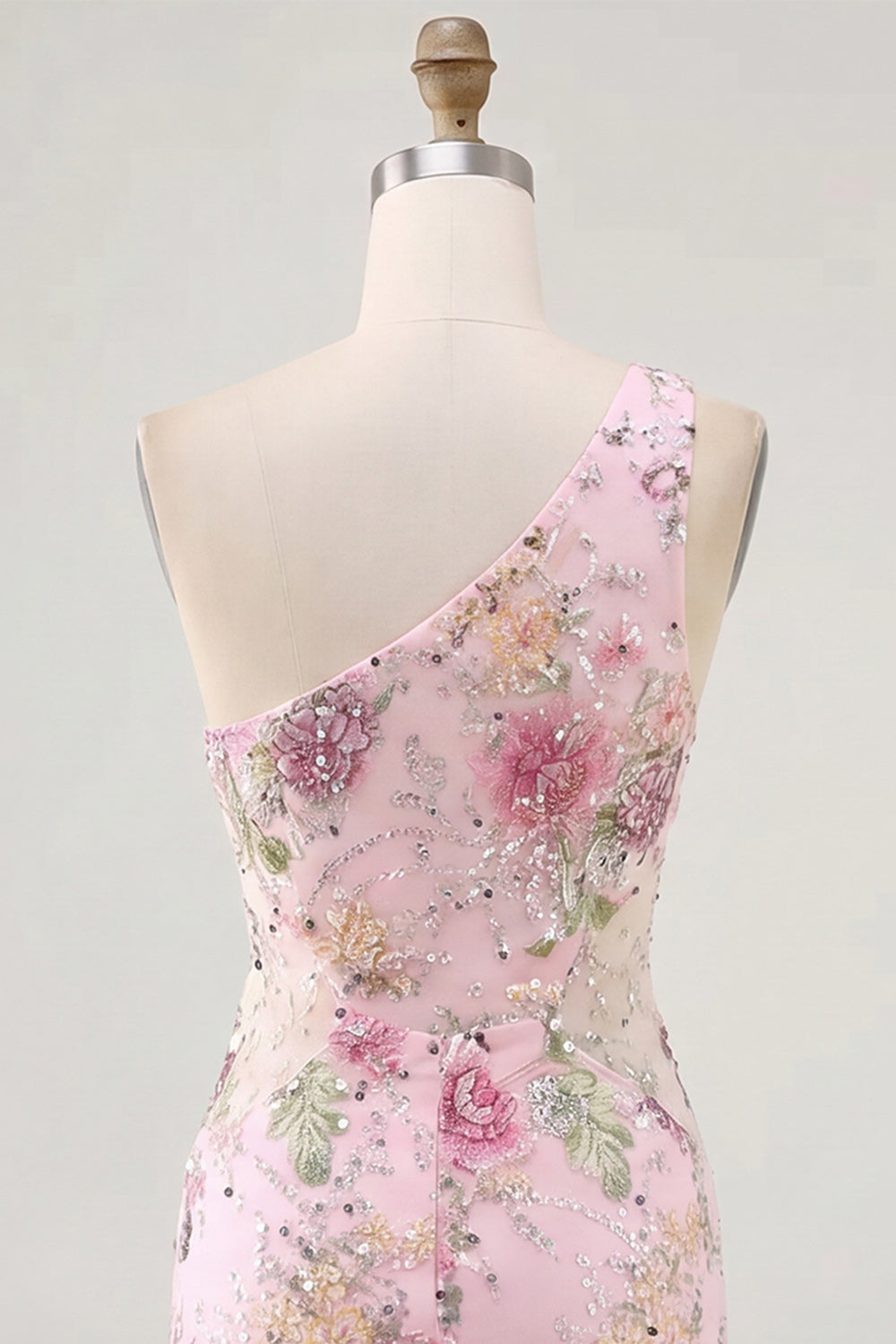 Pink One Shoulder Sparkly Floral Tight Short Homecoming Dress