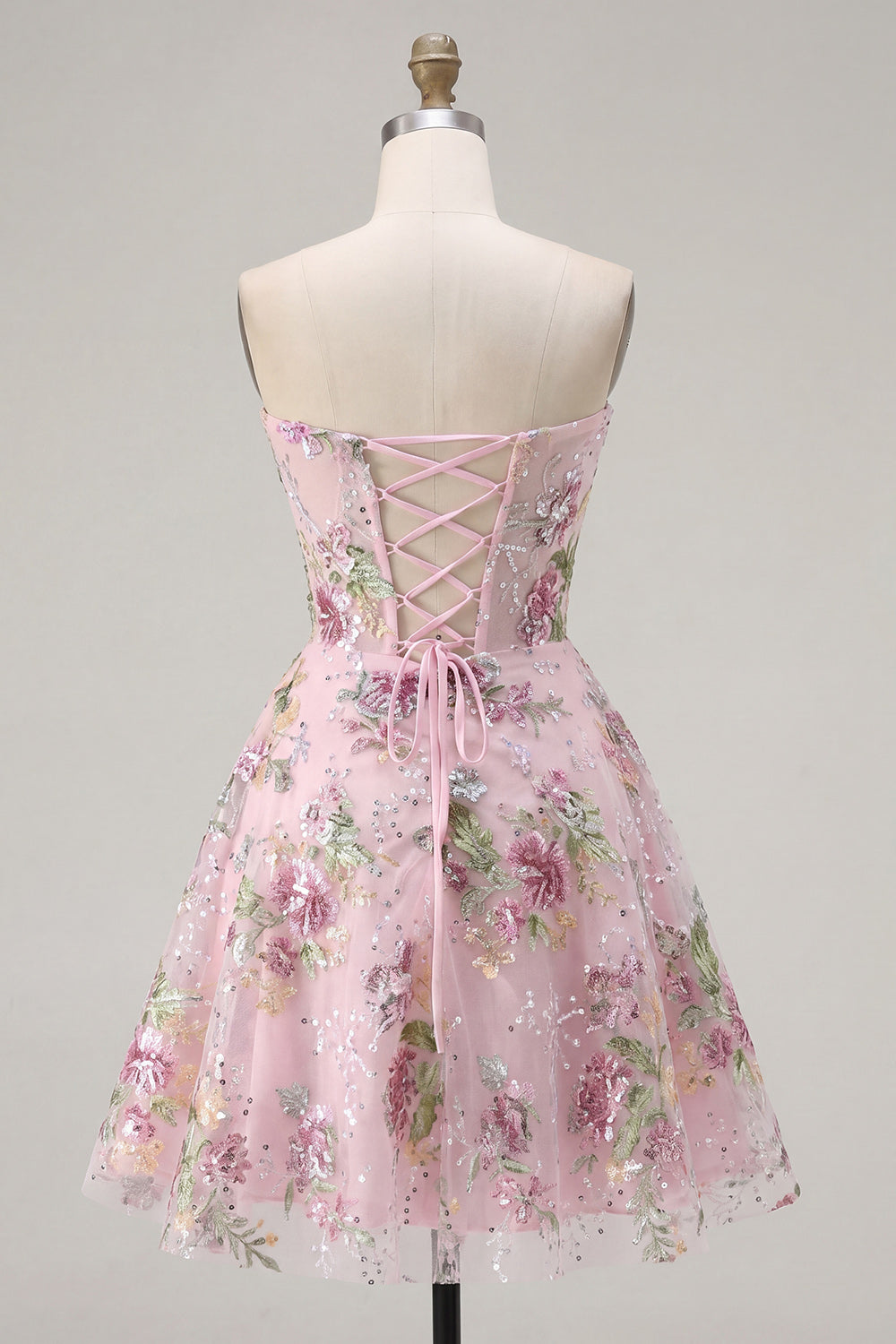 A Line Pink Corset Strapless Sparkly Sequins Floral Short Homecoming Dress
