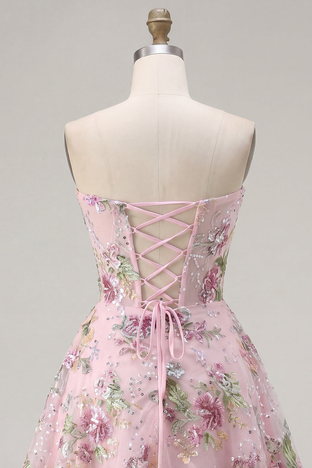 A Line Pink Corset Strapless Sparkly Sequins Floral Short Homecoming Dress