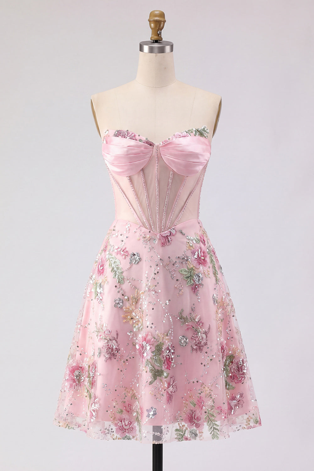 Pink A Line Beaded Sparkly Corset Strapless Floral Short Homecoming Dress