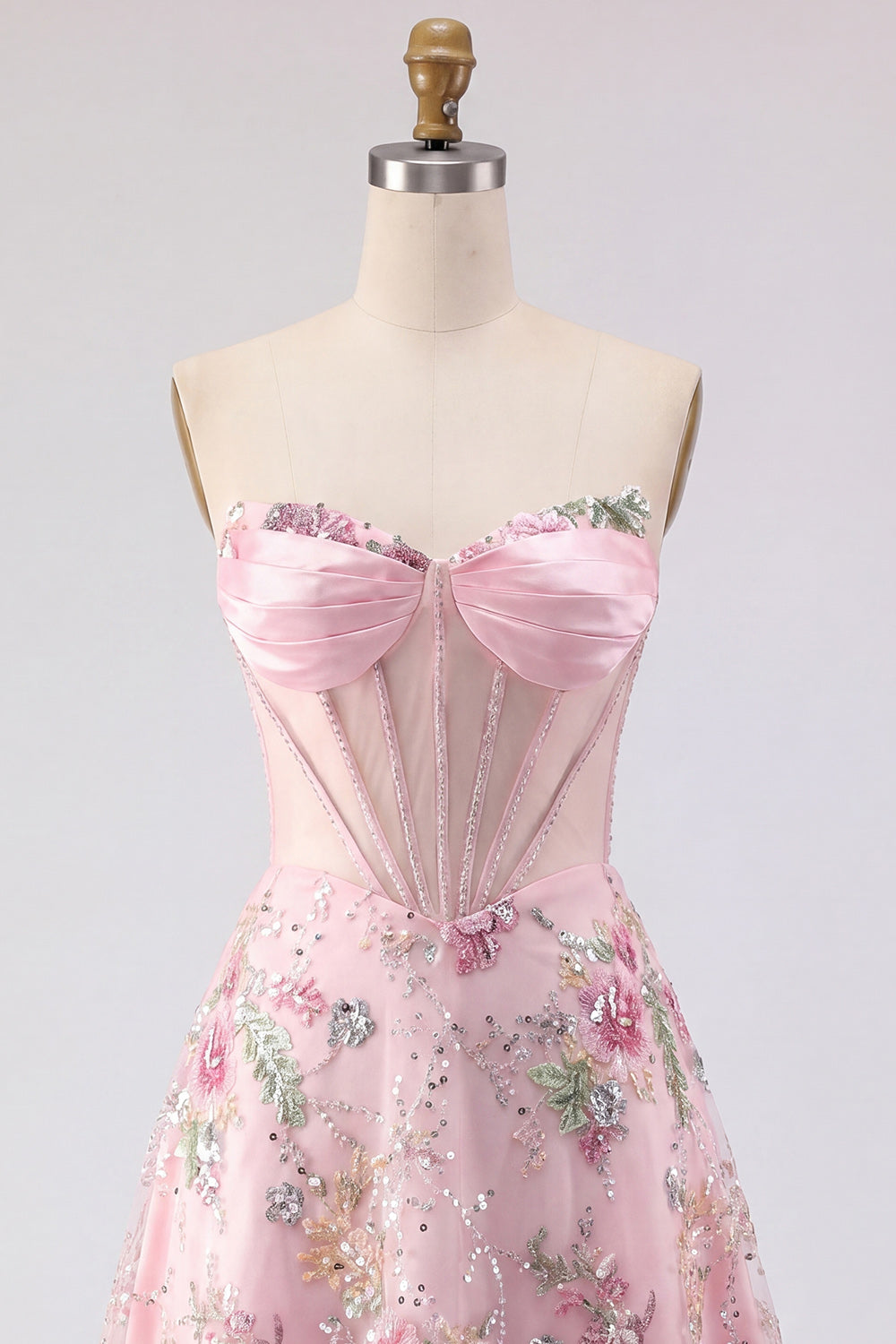 Pink A Line Beaded Sparkly Corset Strapless Floral Short Homecoming Dress