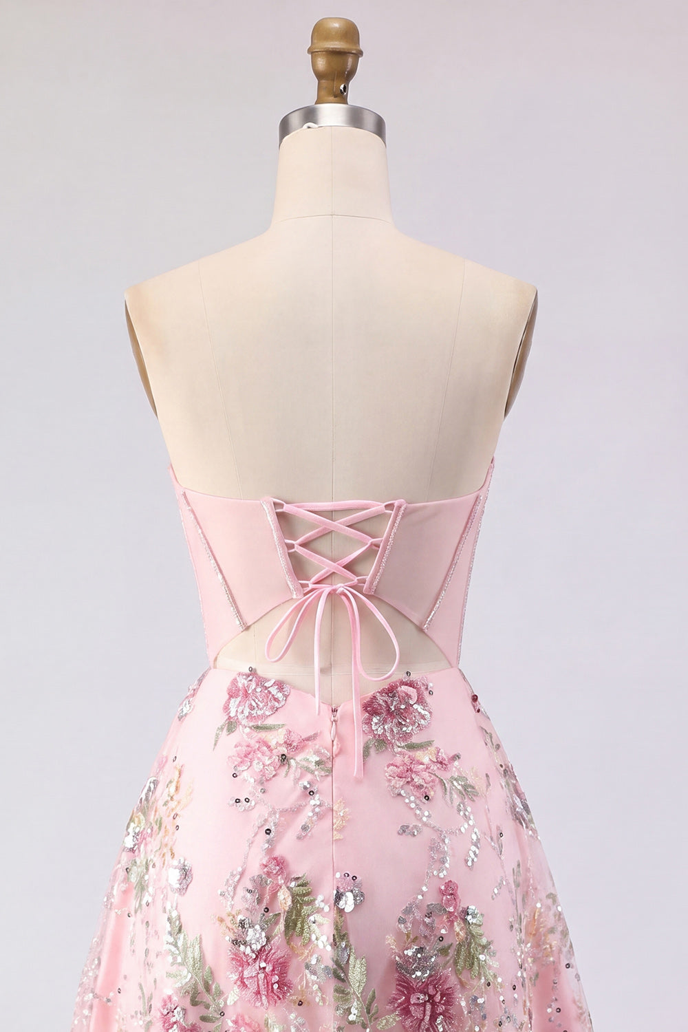 Pink A Line Beaded Sparkly Corset Strapless Floral Short Homecoming Dress