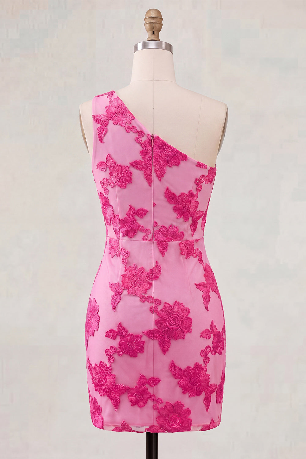 Fuchsia Floral One Shoulder Bodycon Short Homecoming Dress