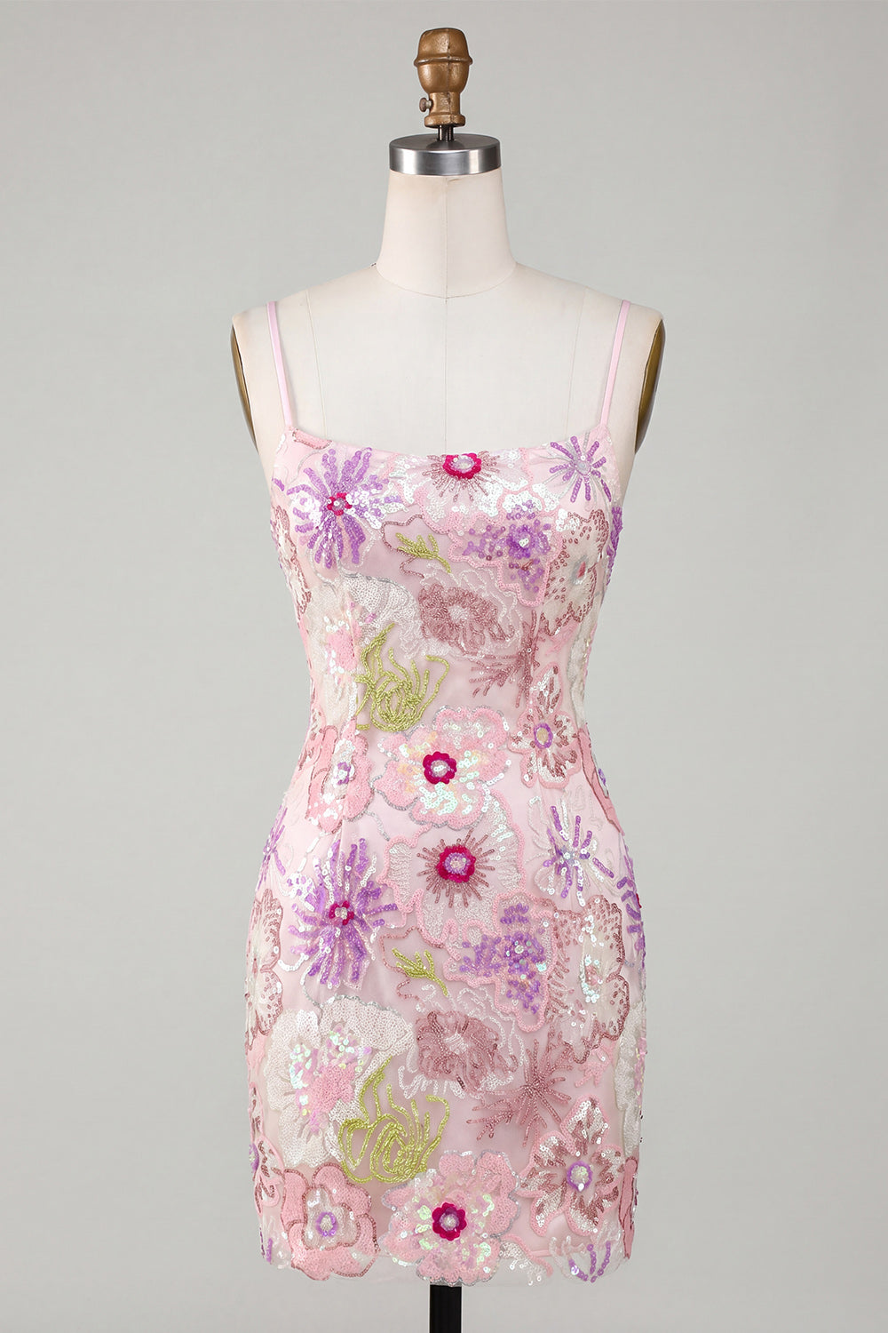 Floral Tight Pink Sparkly Spaghetti Straps Short Homecoming Dress with Sequins