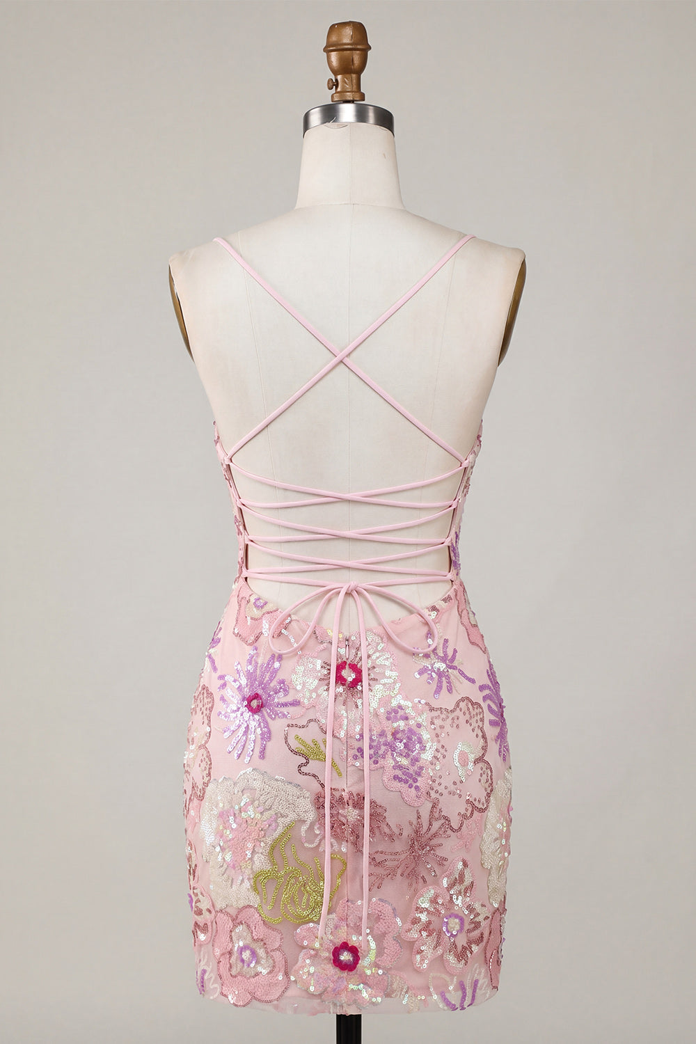 Floral Tight Pink Sparkly Spaghetti Straps Short Homecoming Dress with Sequins