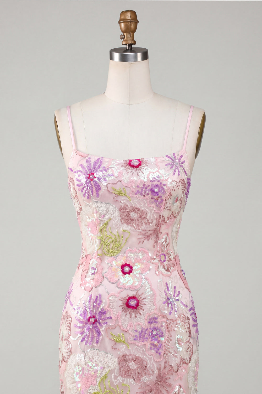 Floral Tight Pink Sparkly Spaghetti Straps Short Homecoming Dress with Sequins