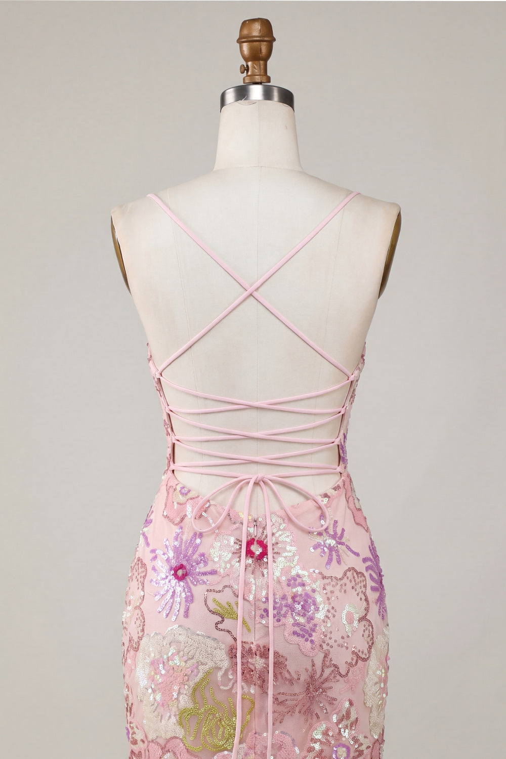Floral Tight Pink Sparkly Spaghetti Straps Short Homecoming Dress with Sequins