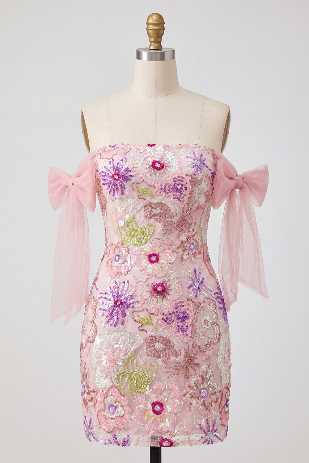 Pink Tight Beaded Strapless Floral Sparkly Mini Homecoming Dress with Bows
