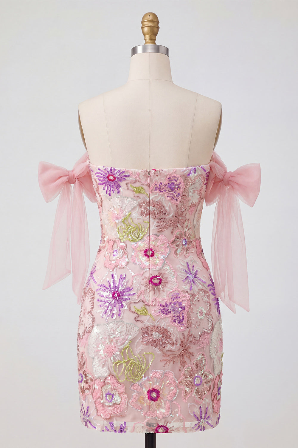 Pink Tight Beaded Strapless Floral Sparkly Mini Homecoming Dress with Bows
