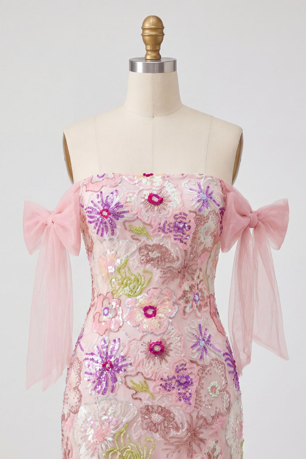 Pink Tight Beaded Strapless Floral Sparkly Mini Homecoming Dress with Bows