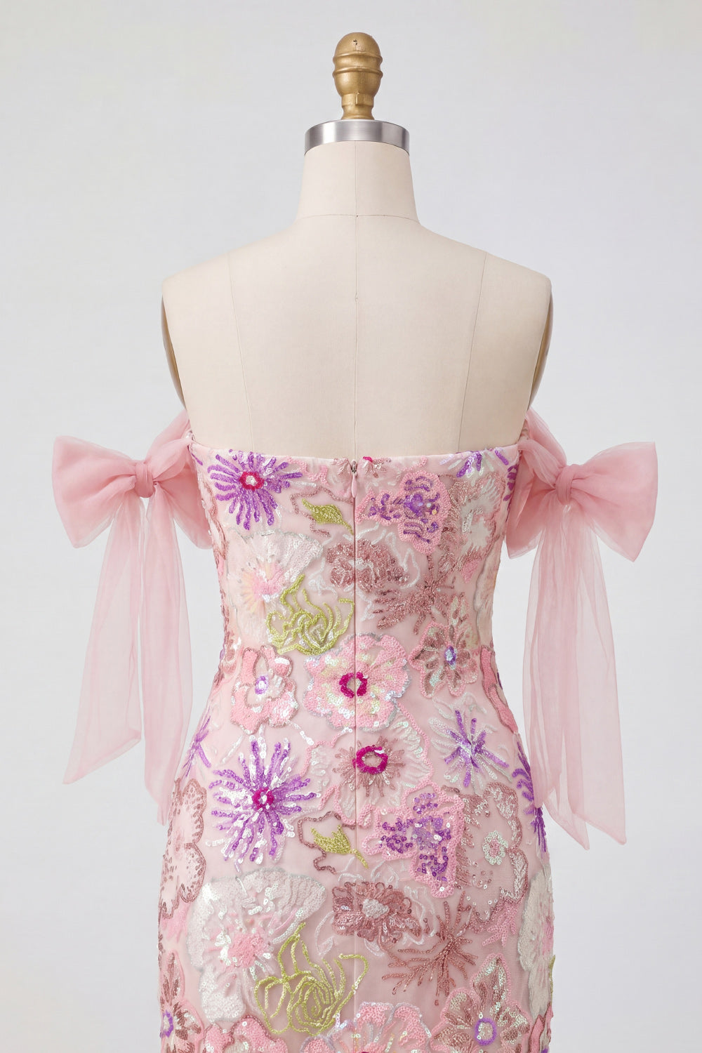 Pink Tight Beaded Strapless Floral Sparkly Mini Homecoming Dress with Bows