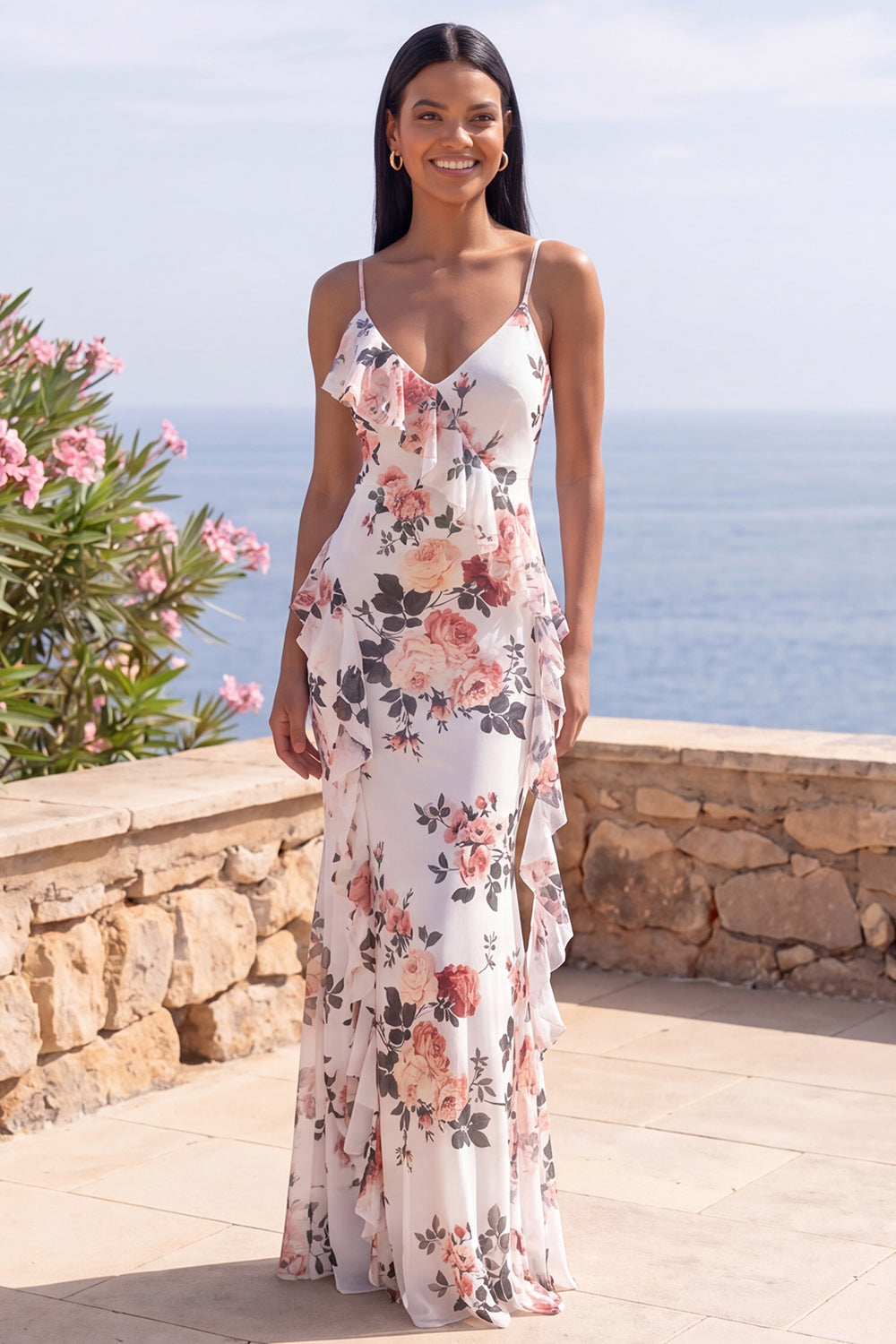 Floral Ivory Spaghetti Straps Ruffled Mermaid Long Wedding Guest Dress