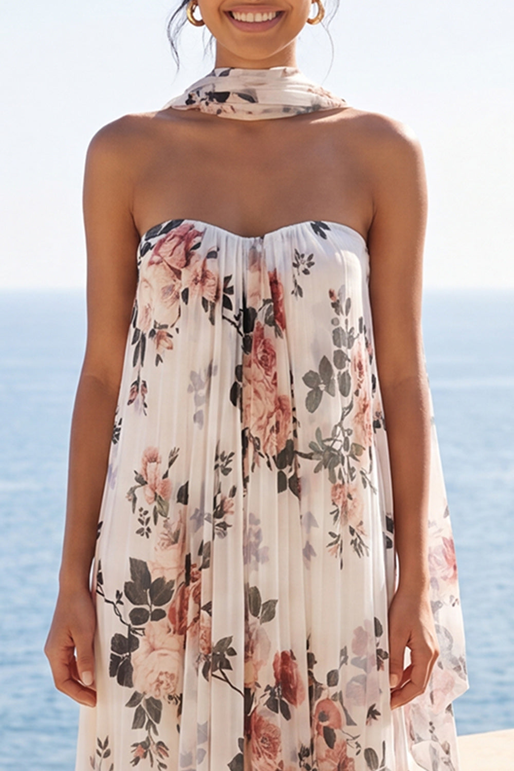 Floral Ivory A Line Strapless Long Wedding Guest Dress