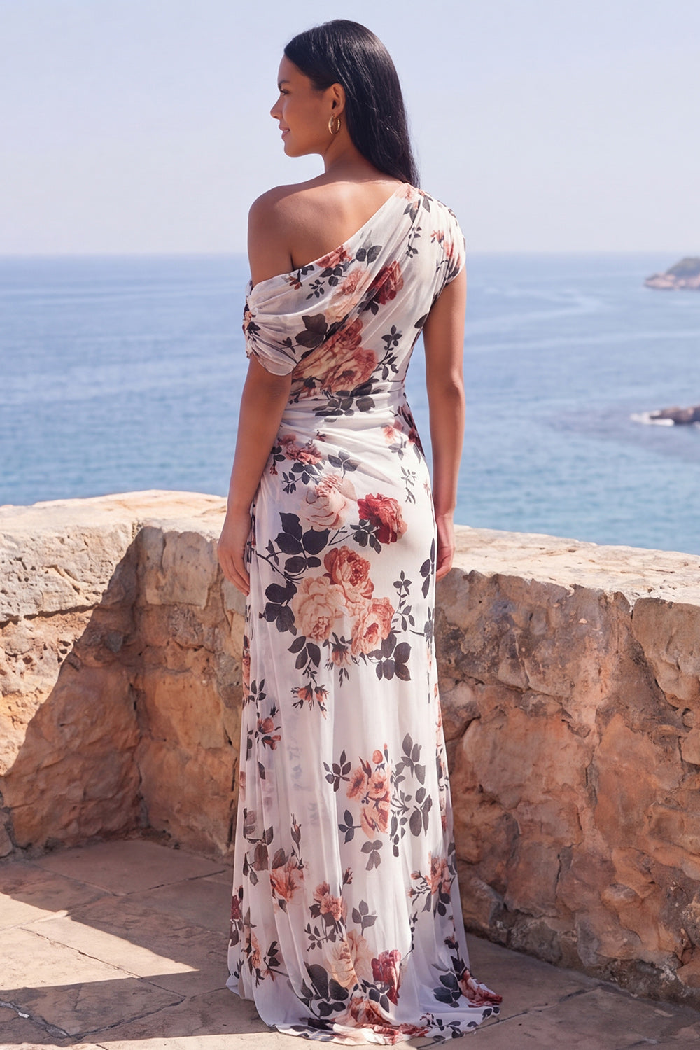 Ivory One Shoulder Floral Sheath Ruched Long Wedding Guest Dress with slit