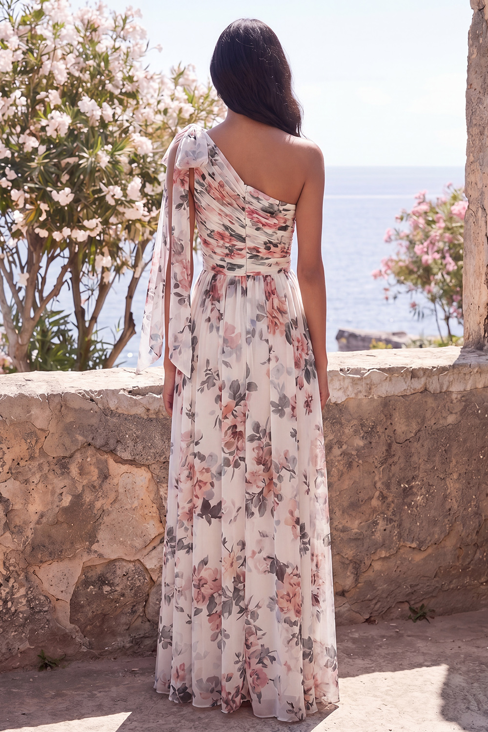 Floral Ruched Ivory One Shoulder A Line Long Wedding Guest Dress with Slit
