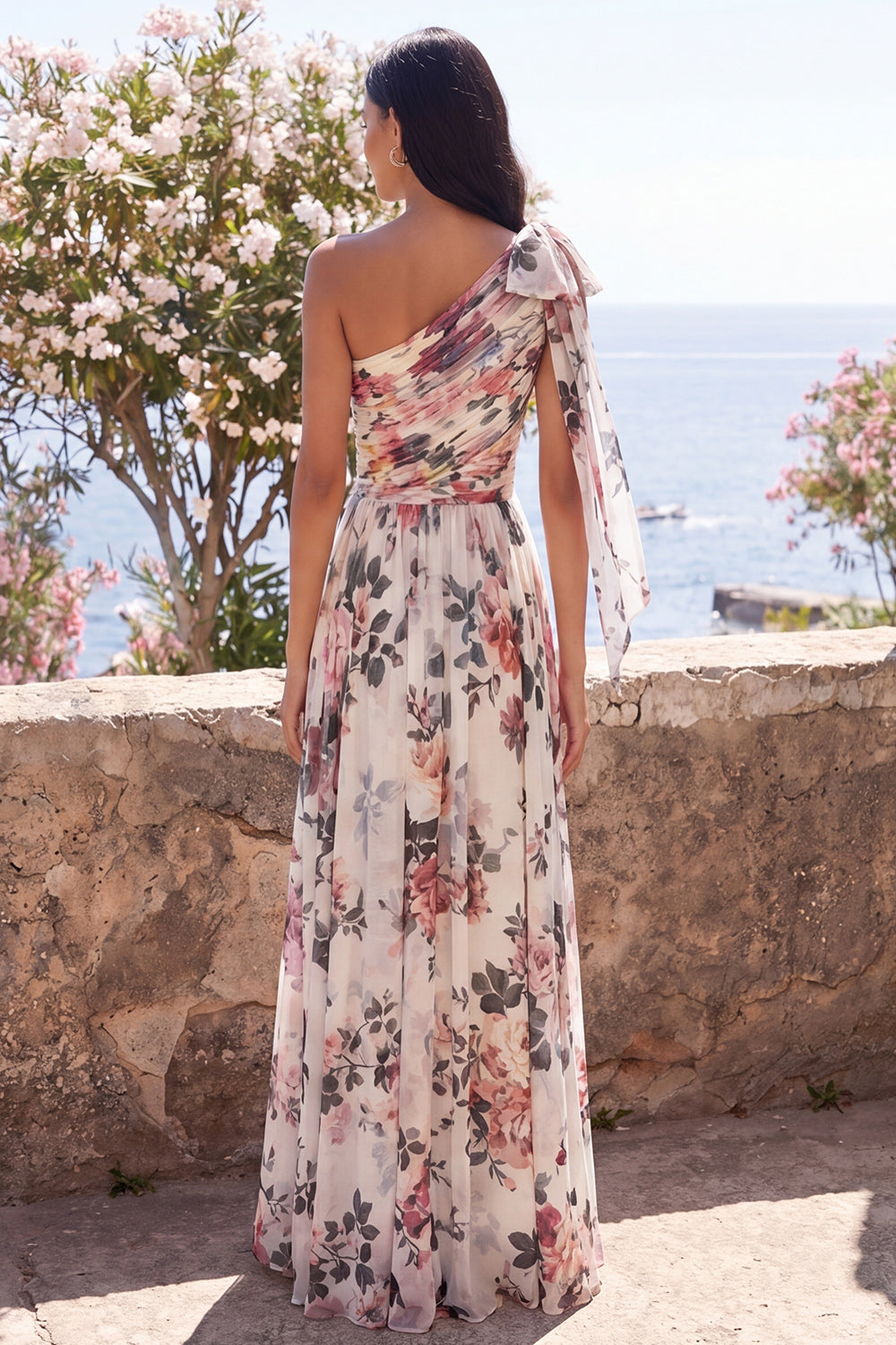 Floral Ruched Ivory One Shoulder A Line Long Wedding Guest Dress with Slit