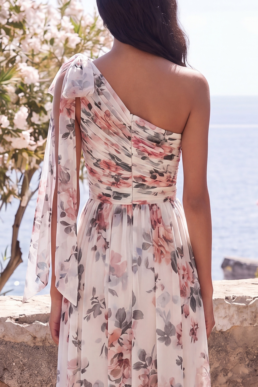 Floral Ruched Ivory One Shoulder A Line Long Wedding Guest Dress with Slit