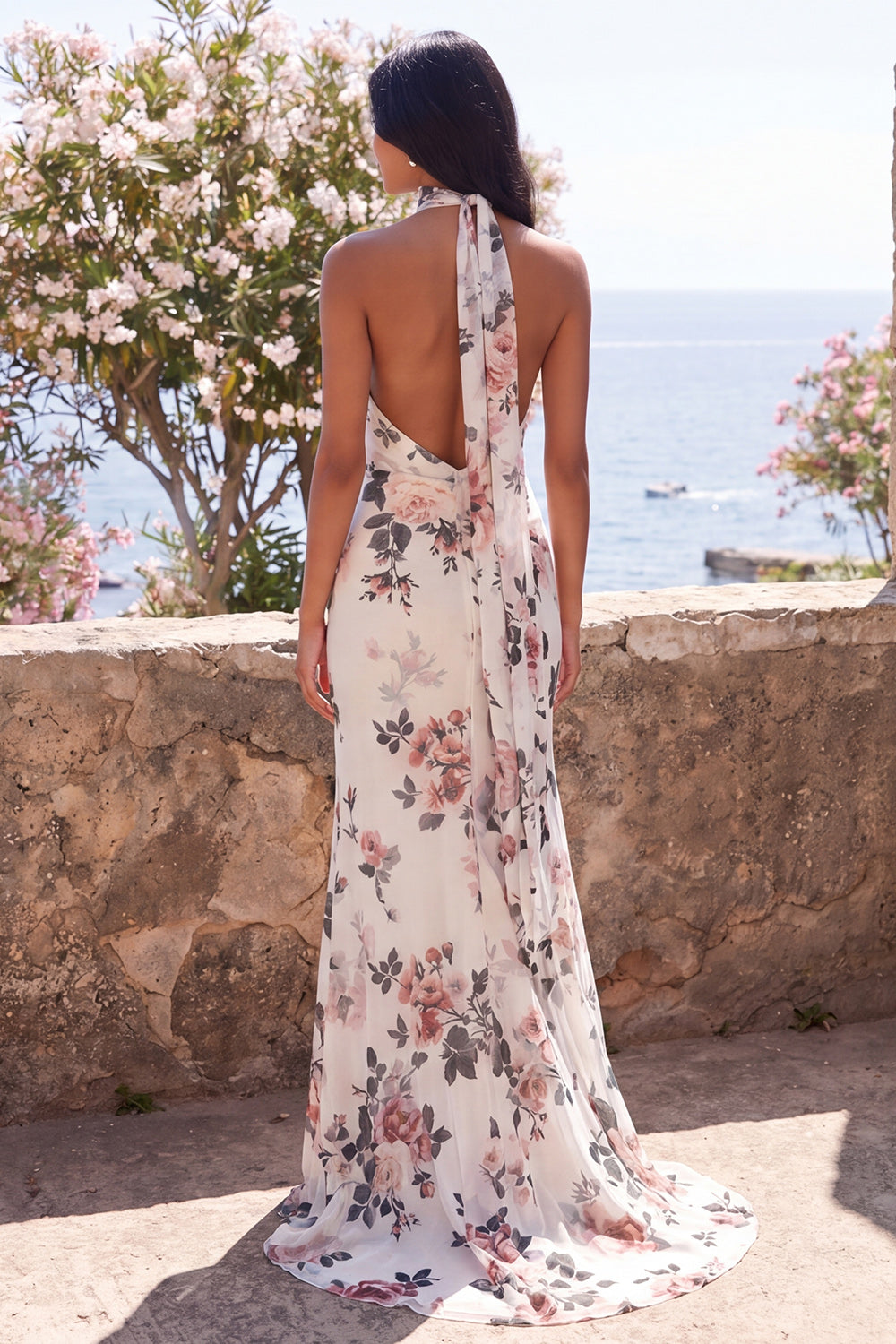 Floral Ivory Mermaid Halter V Neck Ruched Backless Long Wedding Guest Dress