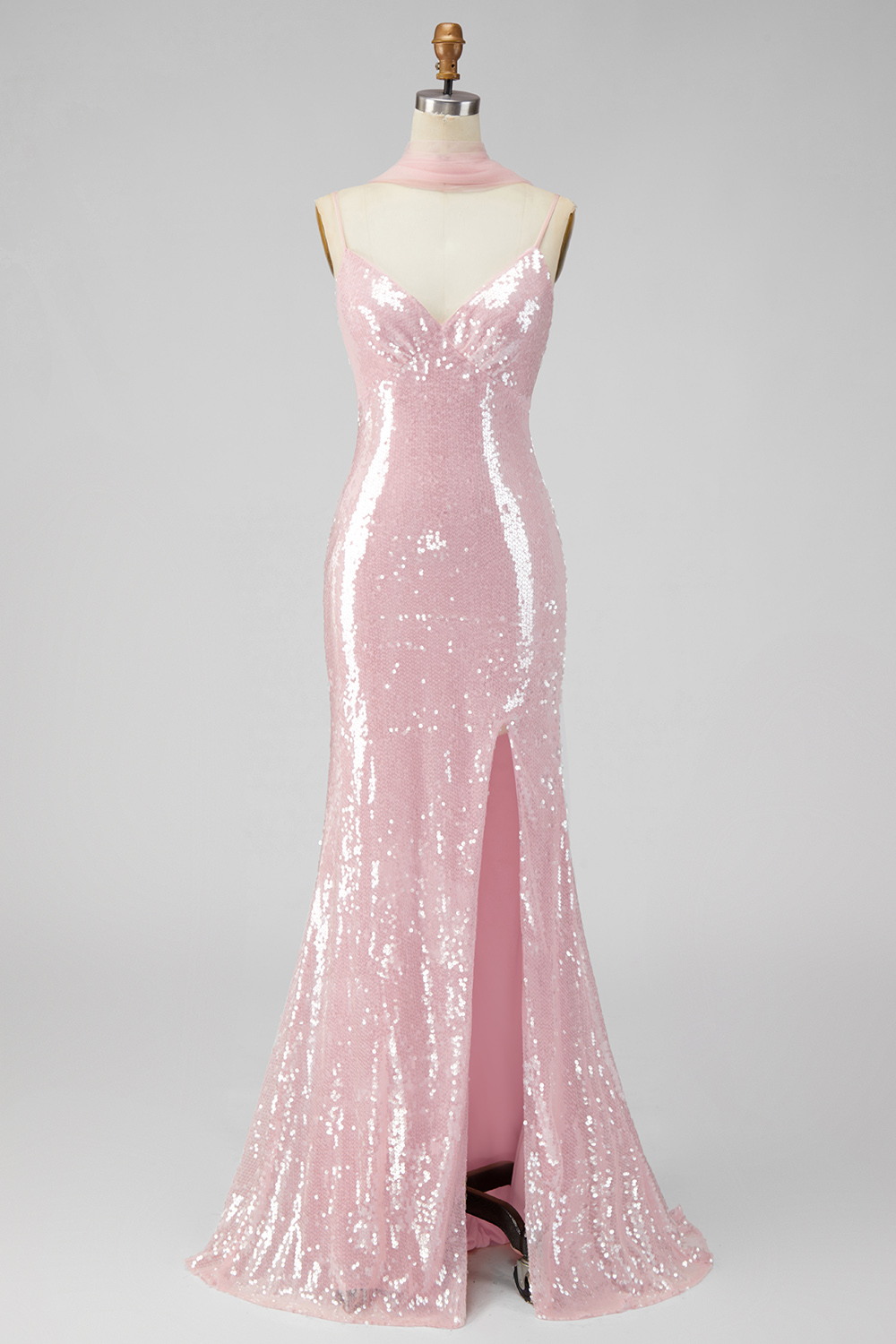 Sparkly Yellow Spaghetti Straps Mermaid Long Sequins Wedding Guest Dress with Slit