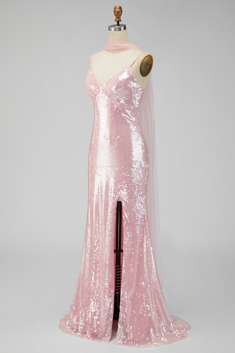 Sparkly Yellow Spaghetti Straps Mermaid Long Sequins Wedding Guest Dress with Slit