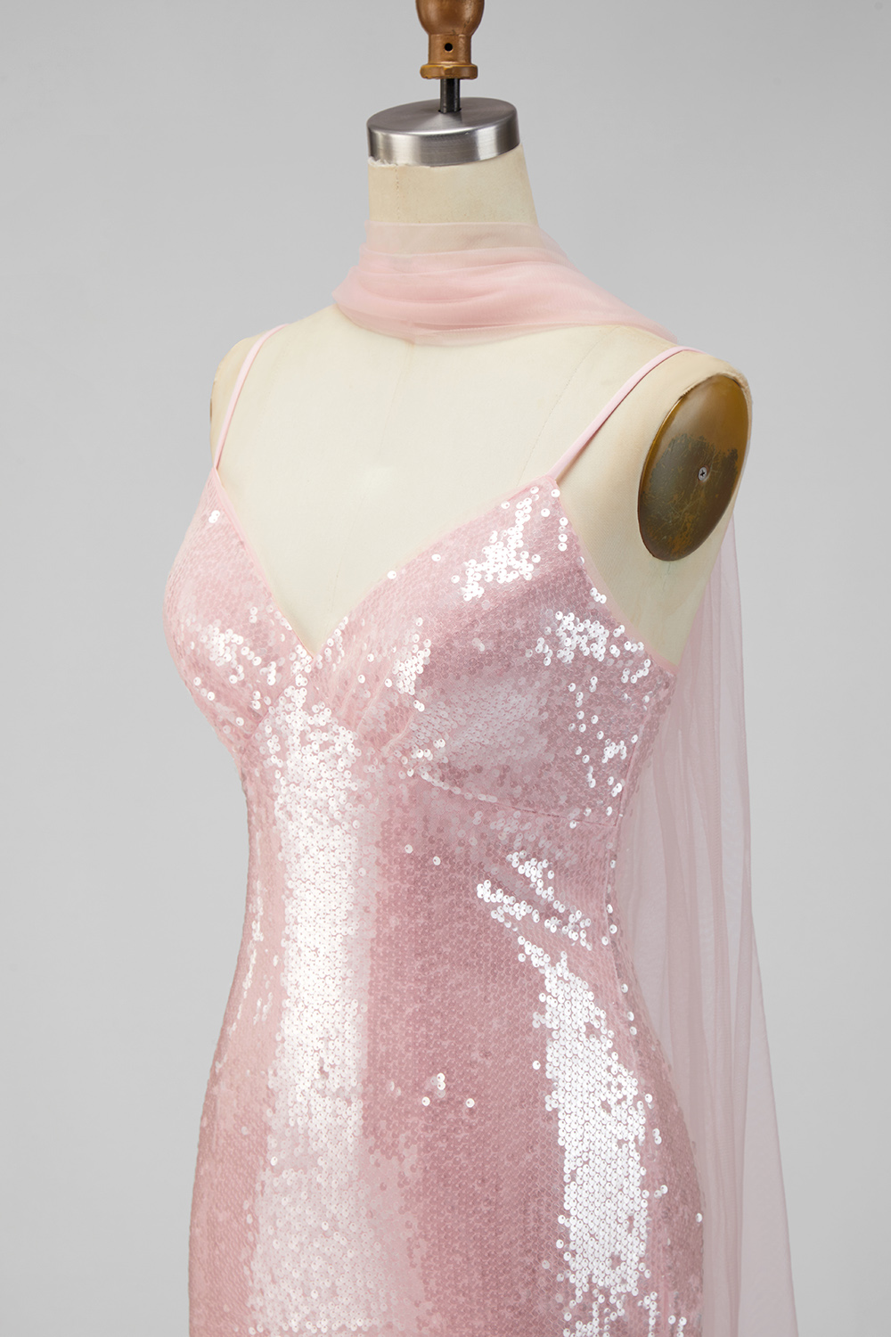 Sparkly Yellow Spaghetti Straps Mermaid Long Sequins Wedding Guest Dress with Slit