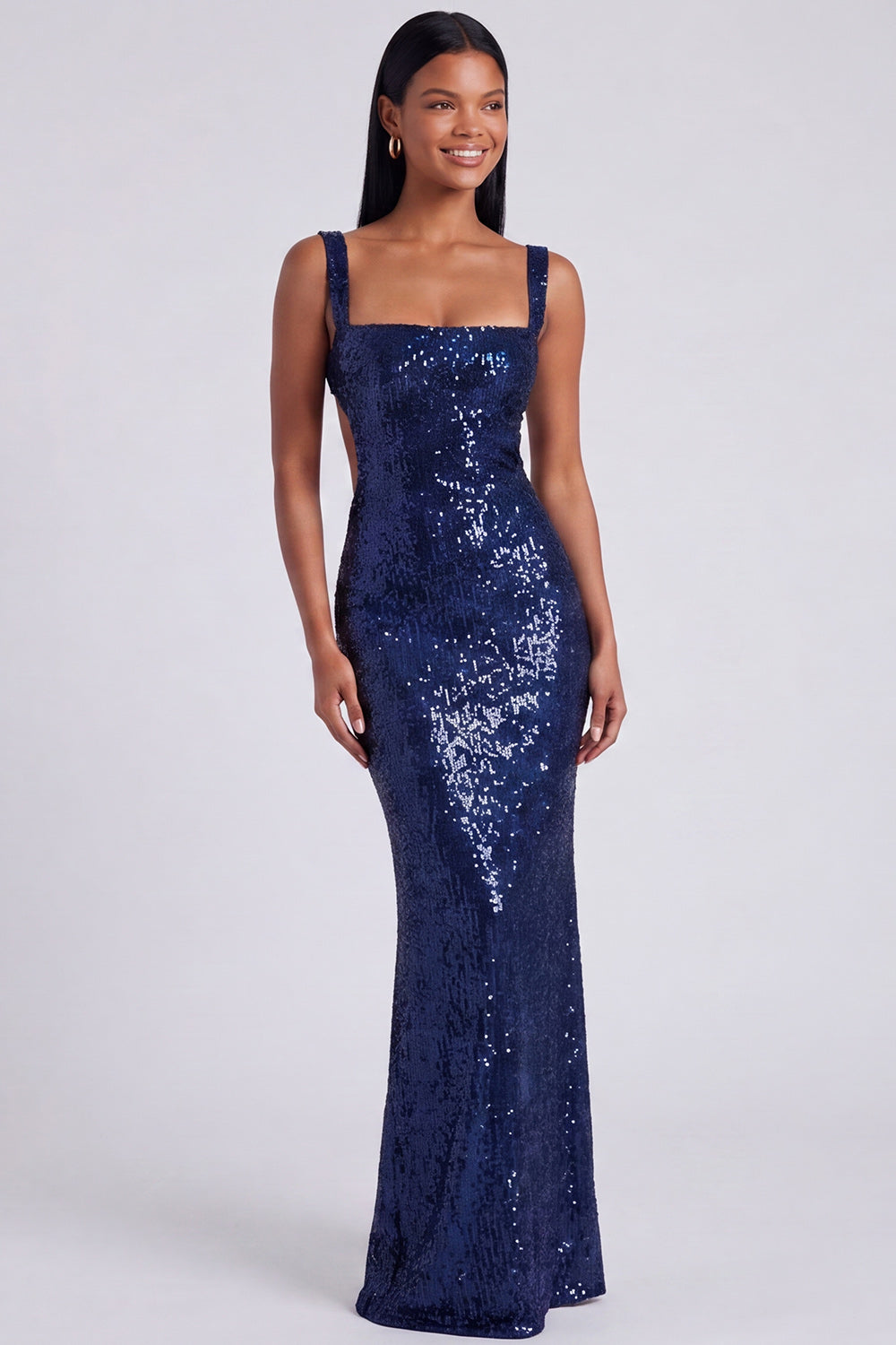 Sparkly Light Blue Square Neck Sequins Mermaid Long Wedding Guest Dress