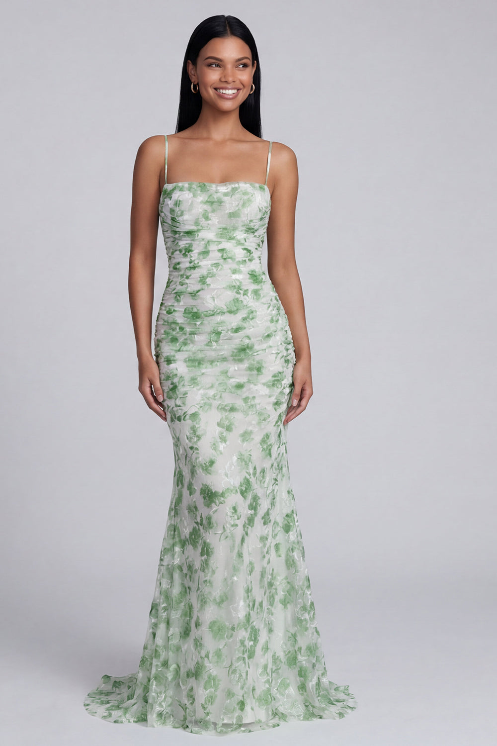 Light Green Floral Mermaid Spaghetti Straps Long Wedding Guest Dress
