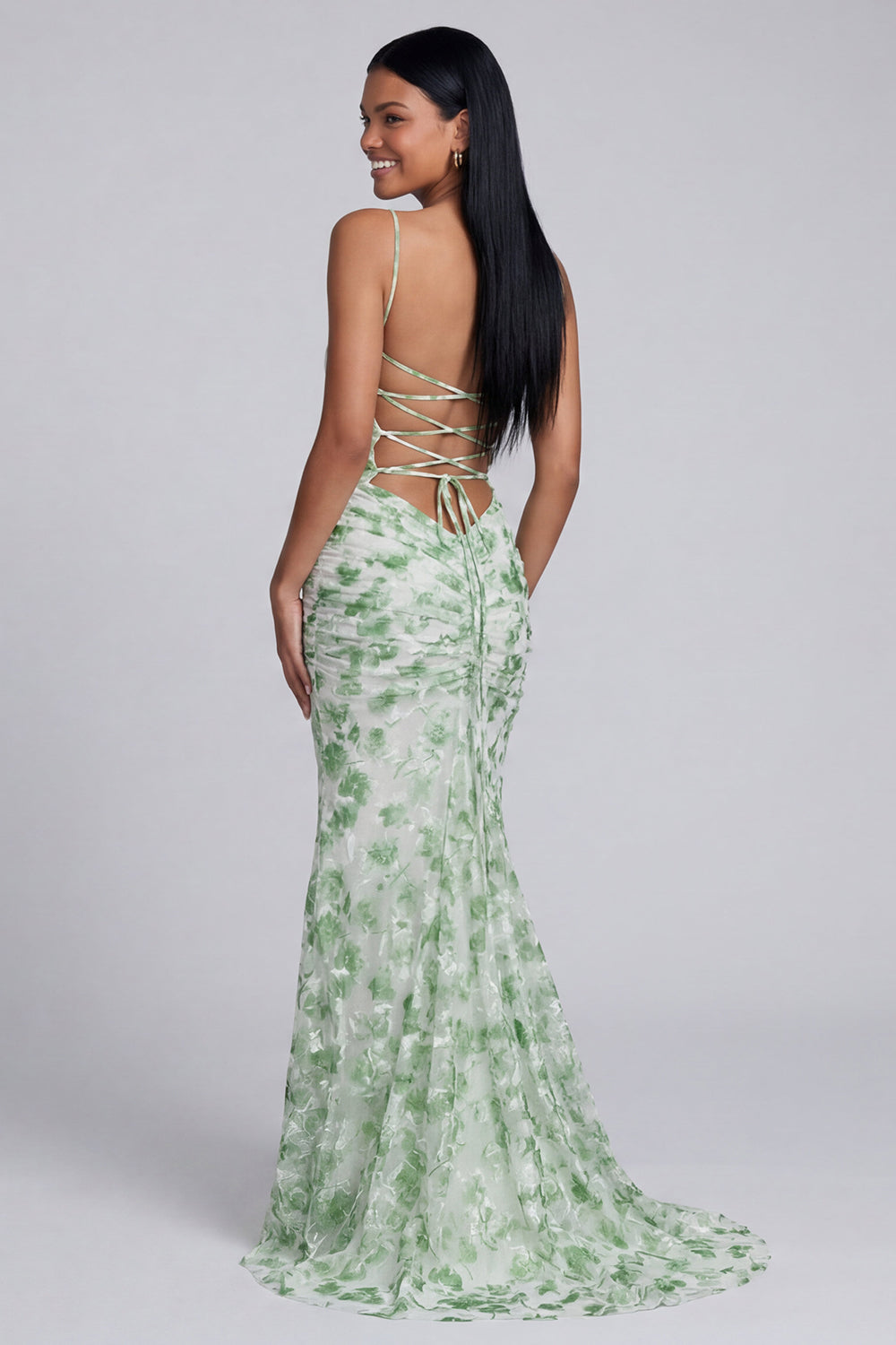 Light Green Floral Mermaid Spaghetti Straps Long Wedding Guest Dress
