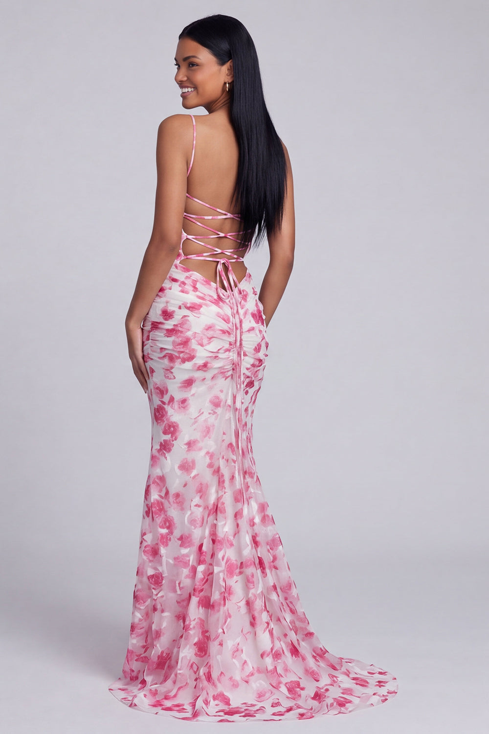 Light Green Floral Mermaid Spaghetti Straps Long Wedding Guest Dress