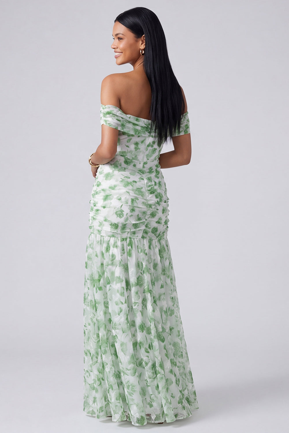 Floral Pink Off the Shoulder Mermaid Ruched Long Wedding Guest Dress with Slit