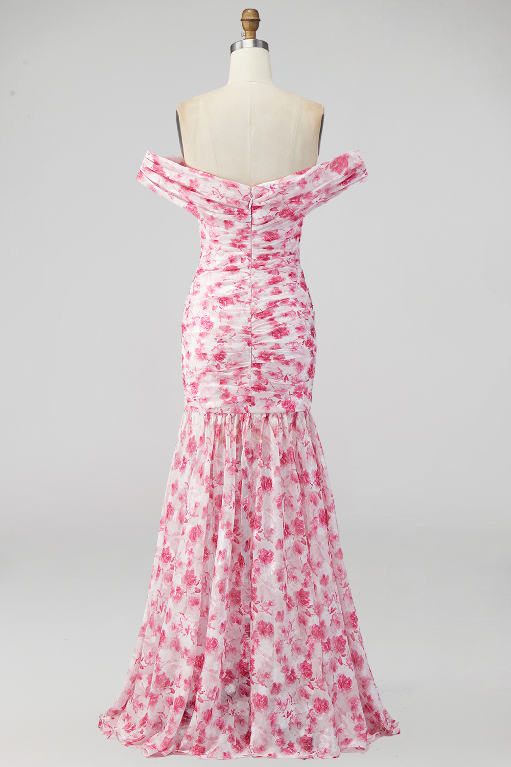 Floral Pink Off the Shoulder Mermaid Ruched Long Wedding Guest Dress with Slit