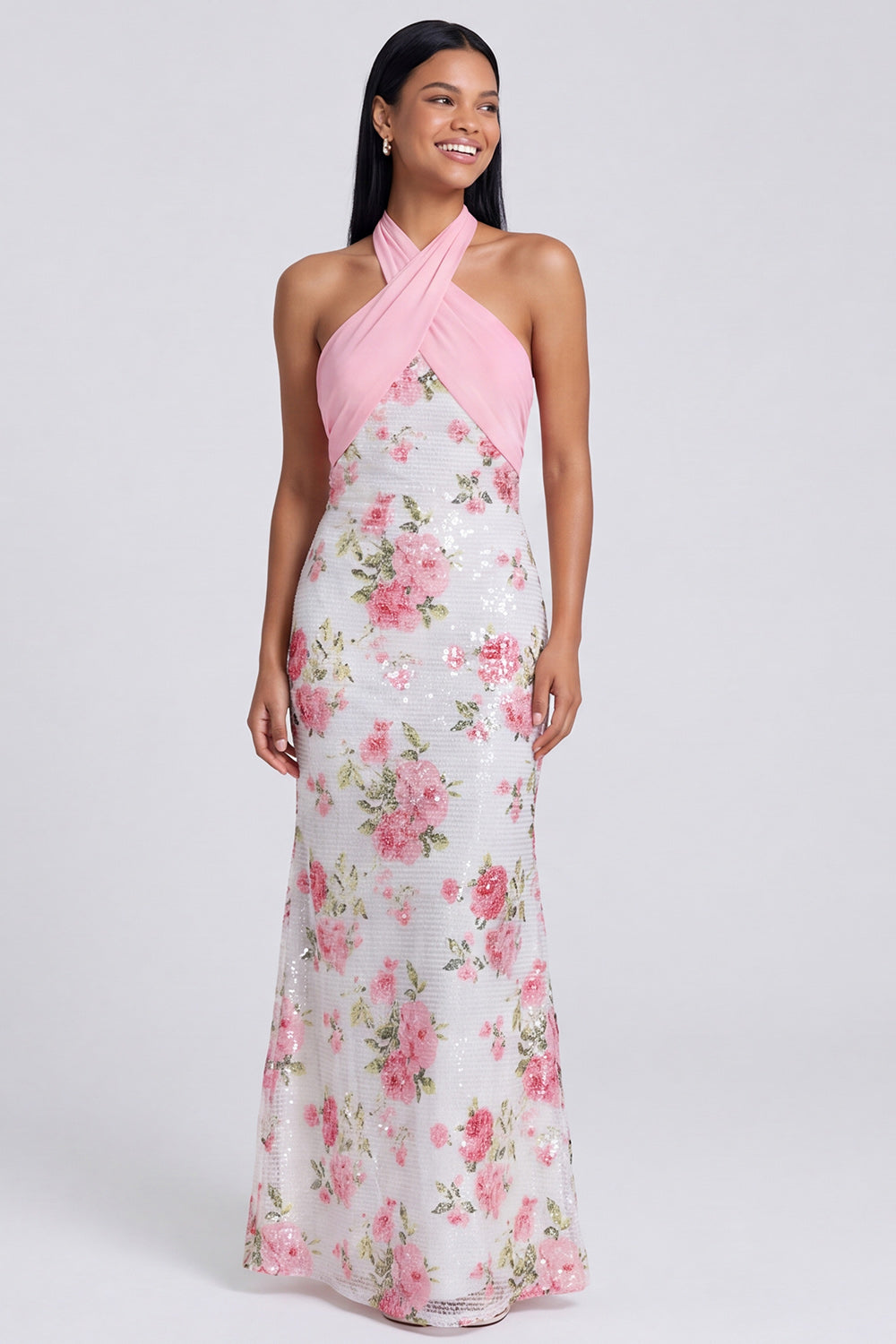 Light Pink Sequins Halter Floral Mermaid Backless Long Wedding Guest Dress