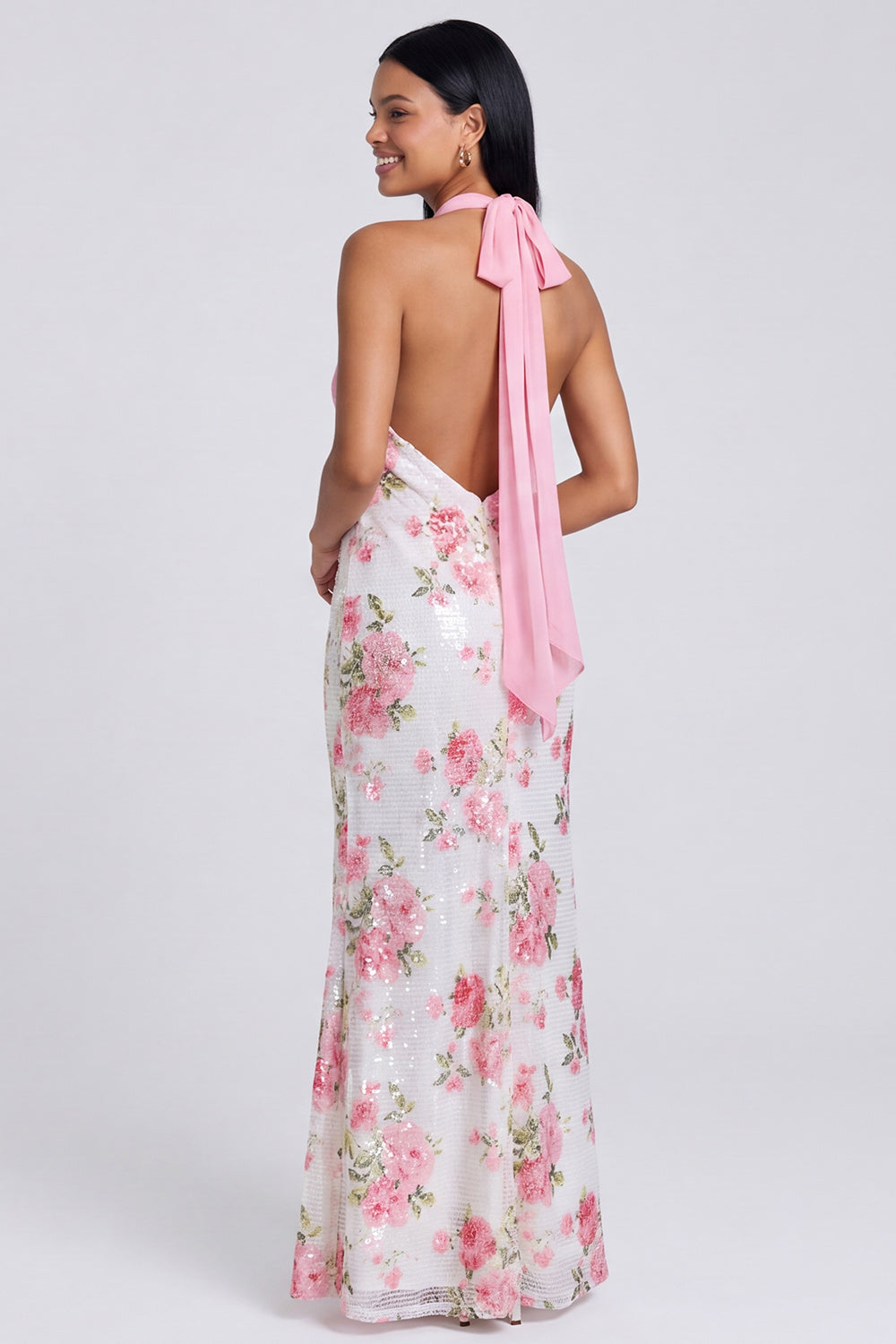 Light Pink Sequins Halter Floral Mermaid Backless Long Wedding Guest Dress