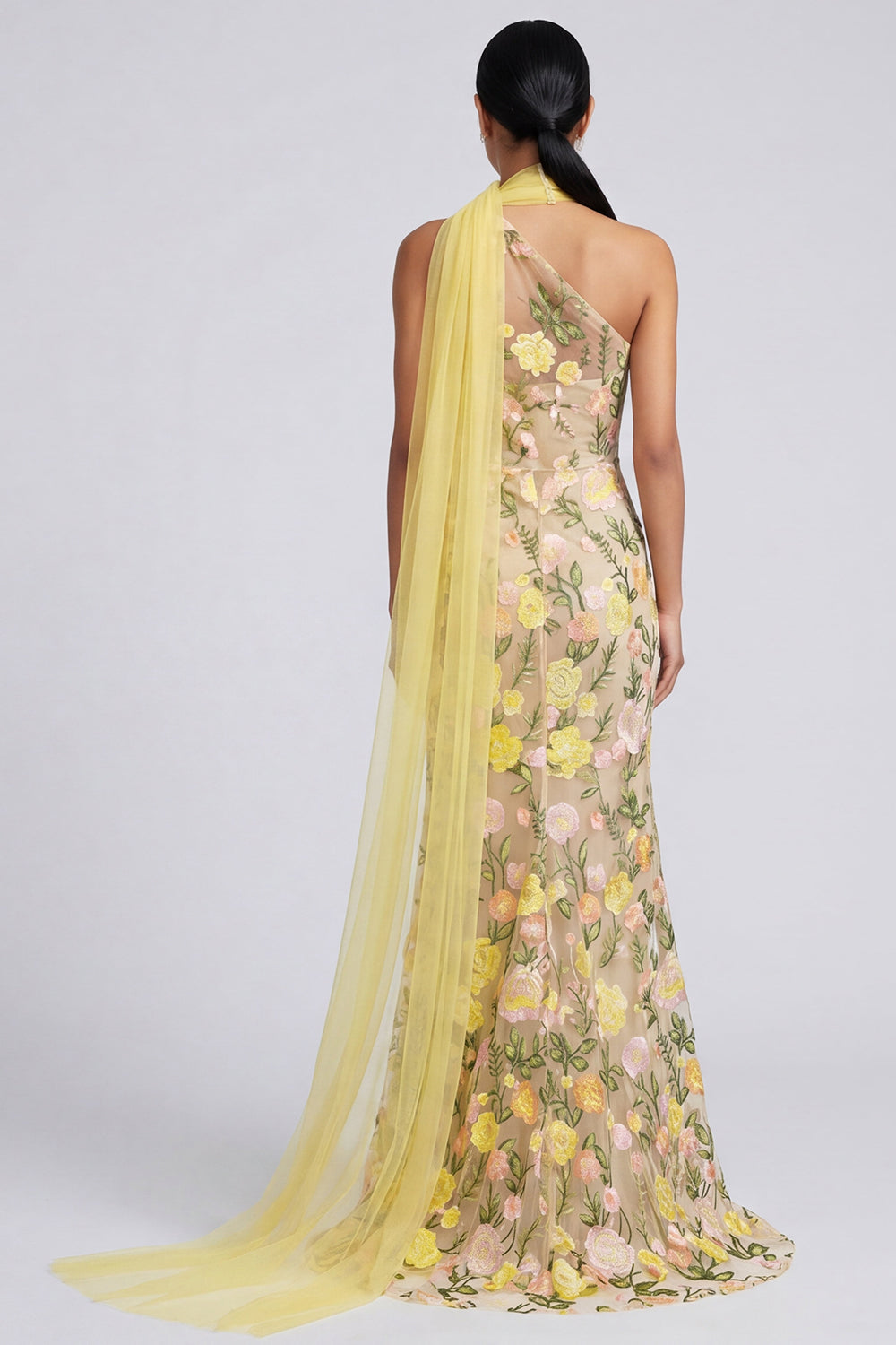 Floral Butter Yellow One Shoulder Mermaid Embroidered Long Wedding Guest Dress