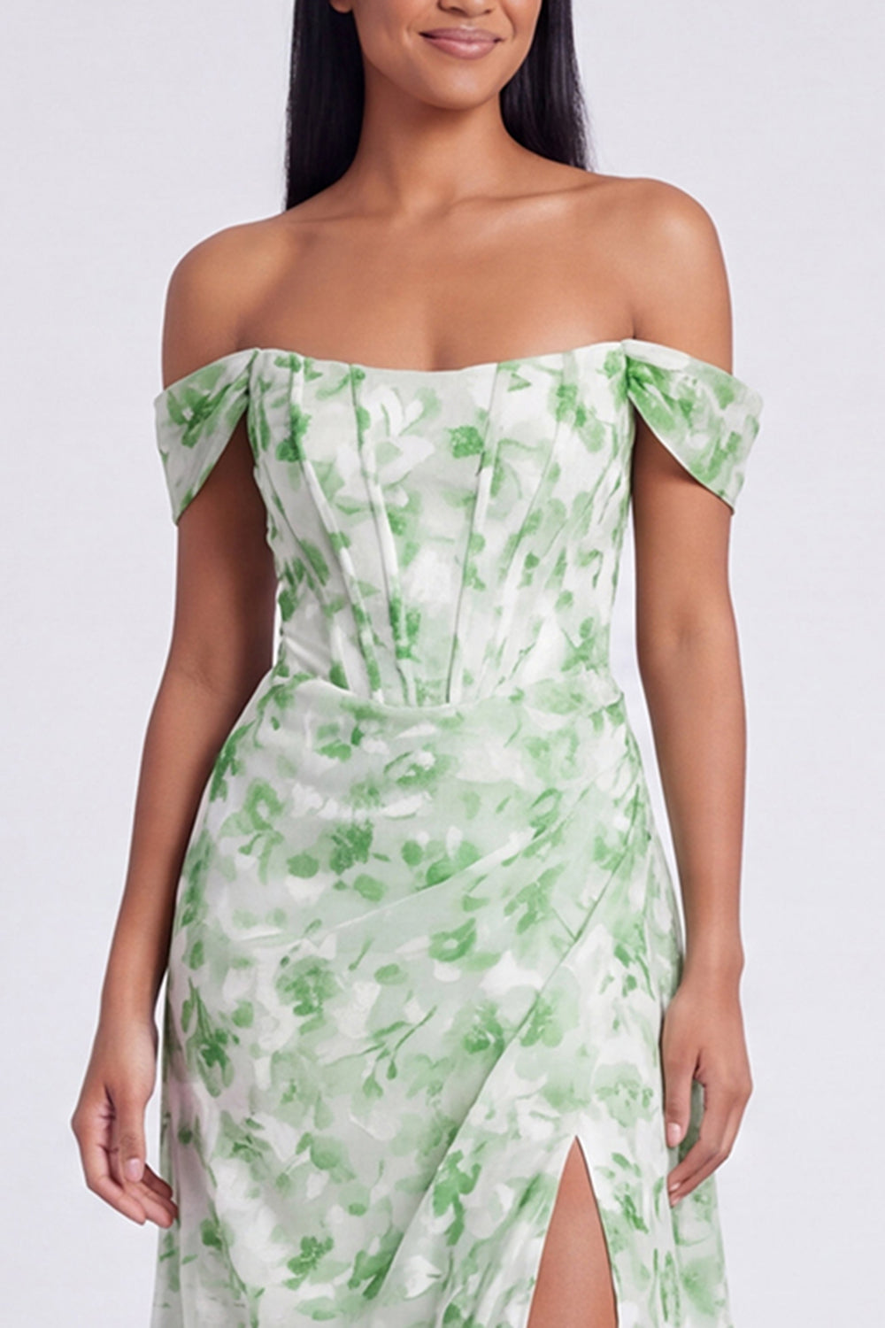 Light Green Floral Mermaid Ruched Corset Long Wedding Guest Dress with Slit