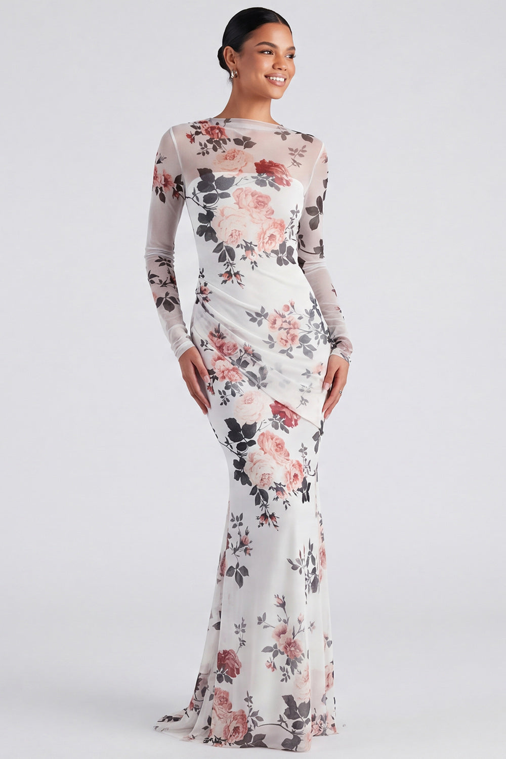 Black Floral Boat Neck Mermaid Long Sleeves Wedding Guest Dress