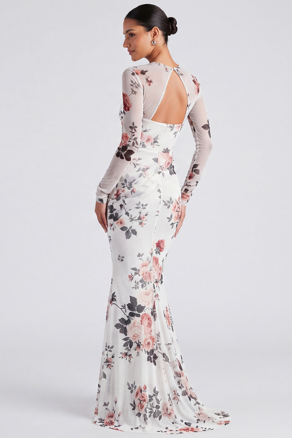 Black Floral Boat Neck Mermaid Long Sleeves Wedding Guest Dress