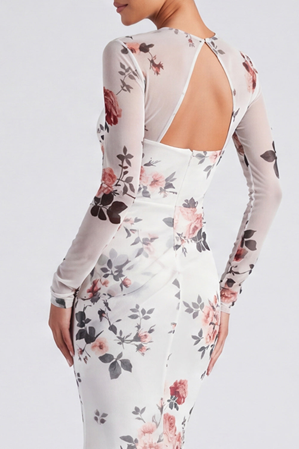 Black Floral Boat Neck Mermaid Long Sleeves Wedding Guest Dress