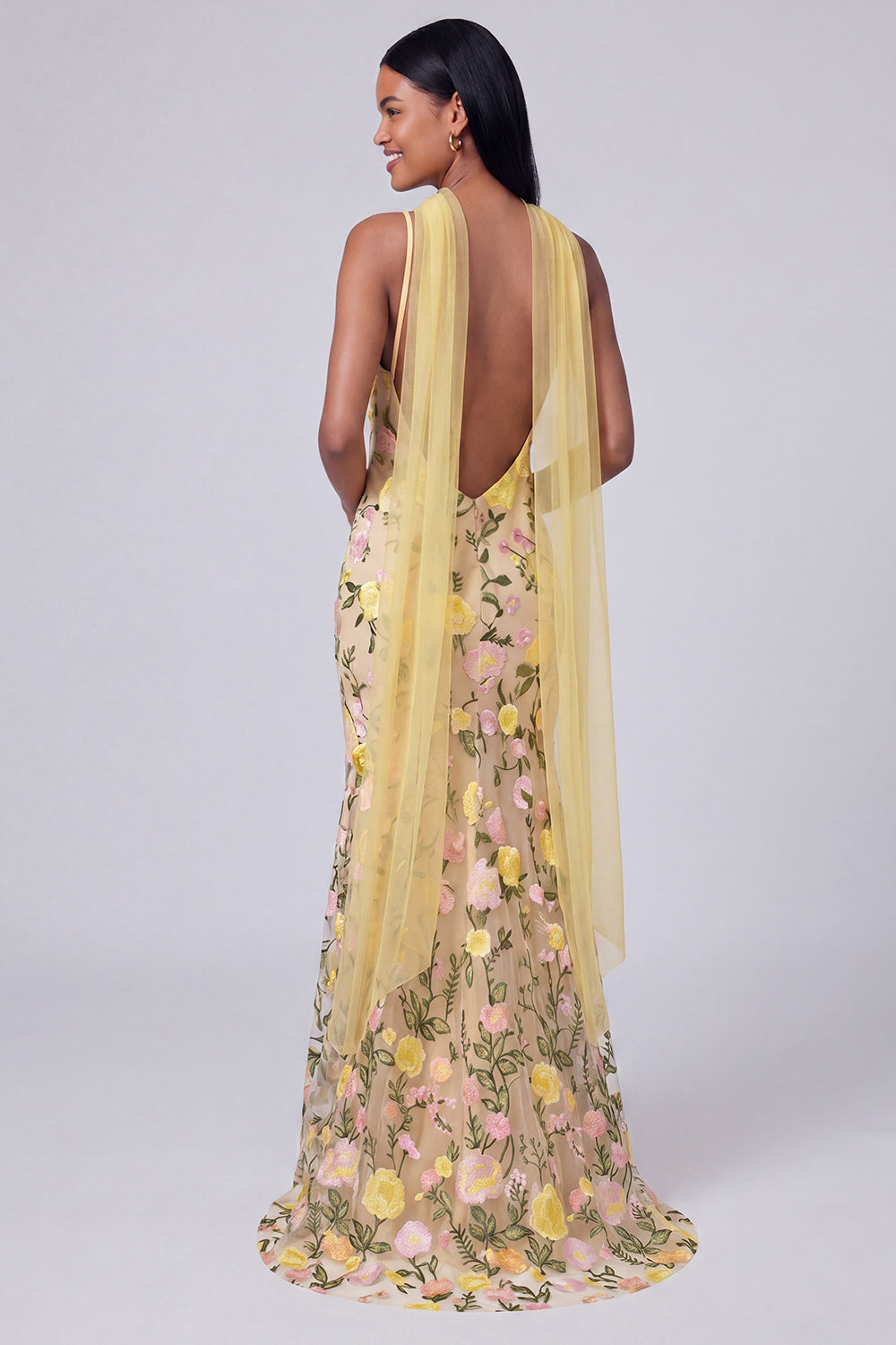 Floral Butter Yellow Mermaid Embroidered Spaghetti Straps Long Wedding Guest Dress