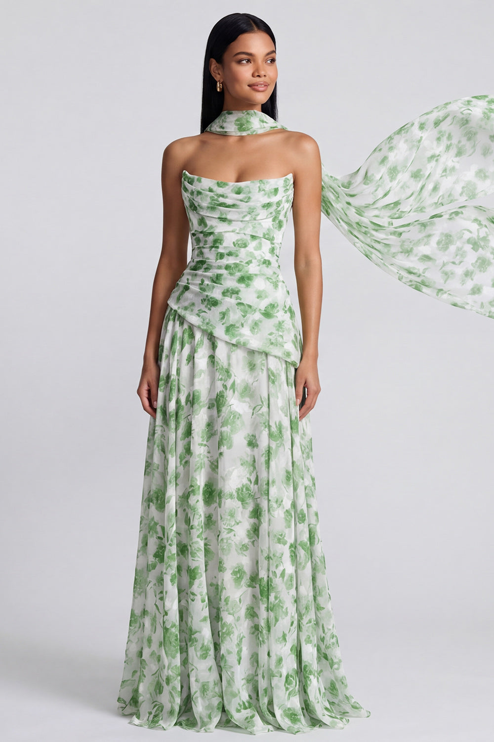 Light Green Floral Ruched A Line Strapless Long Wedding Guest Dress