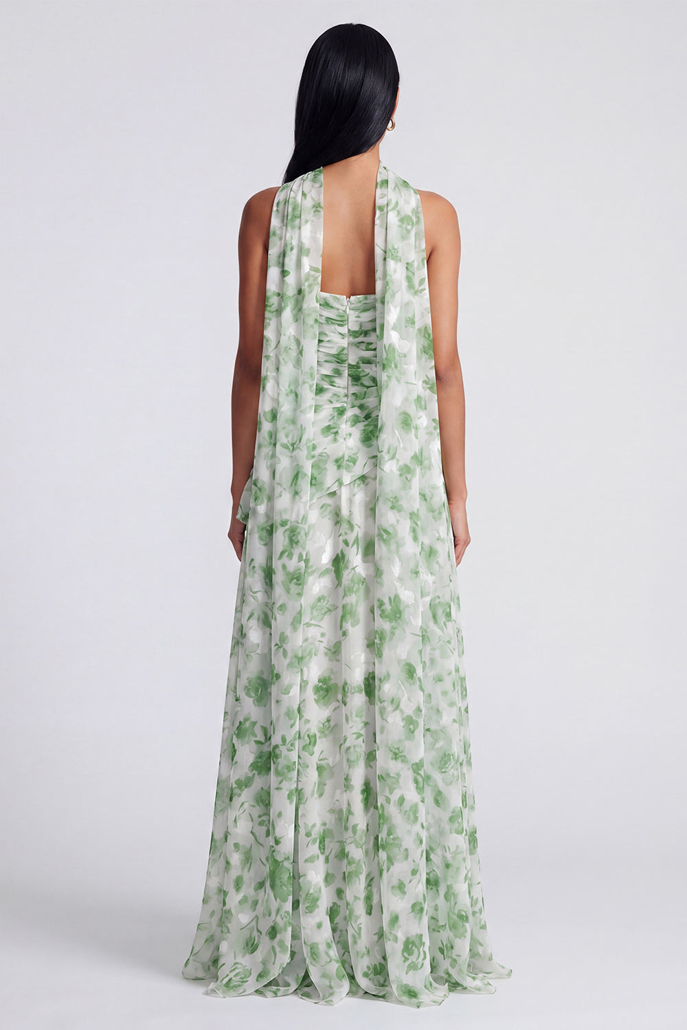 Light Green Floral Ruched A Line Strapless Long Wedding Guest Dress